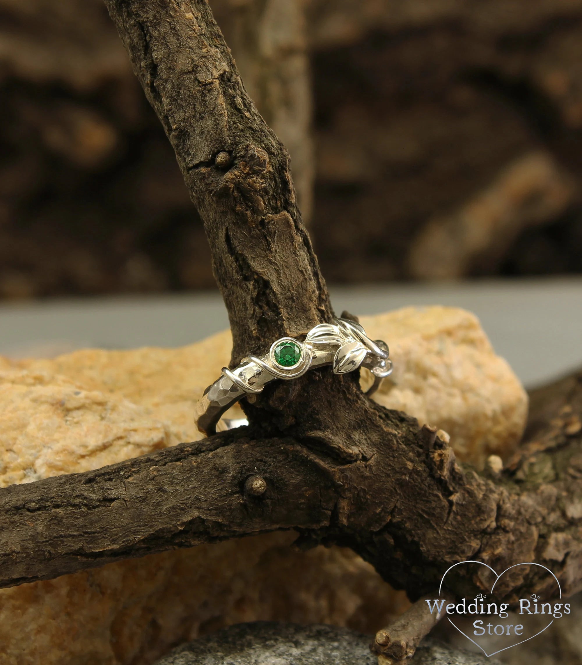 Natural Emerald with Leaf and Vine Silver Hammered Engagement Ring