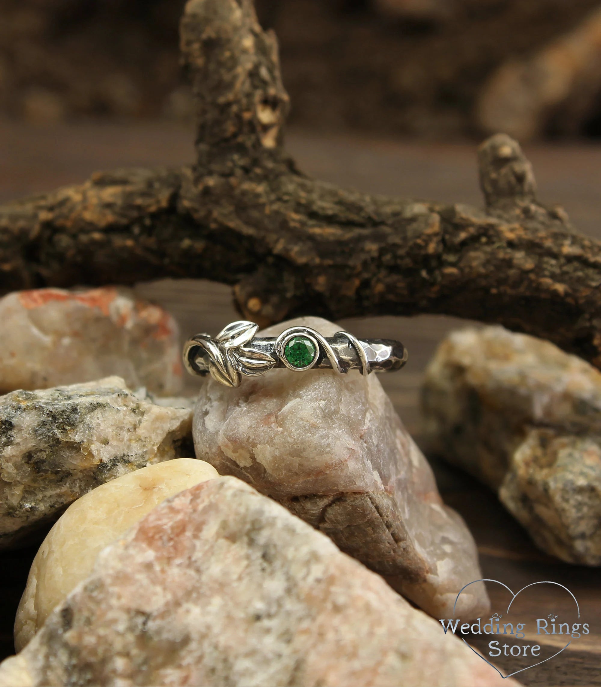 Natural Emerald with Leaf and Vine Silver Hammered Engagement Ring