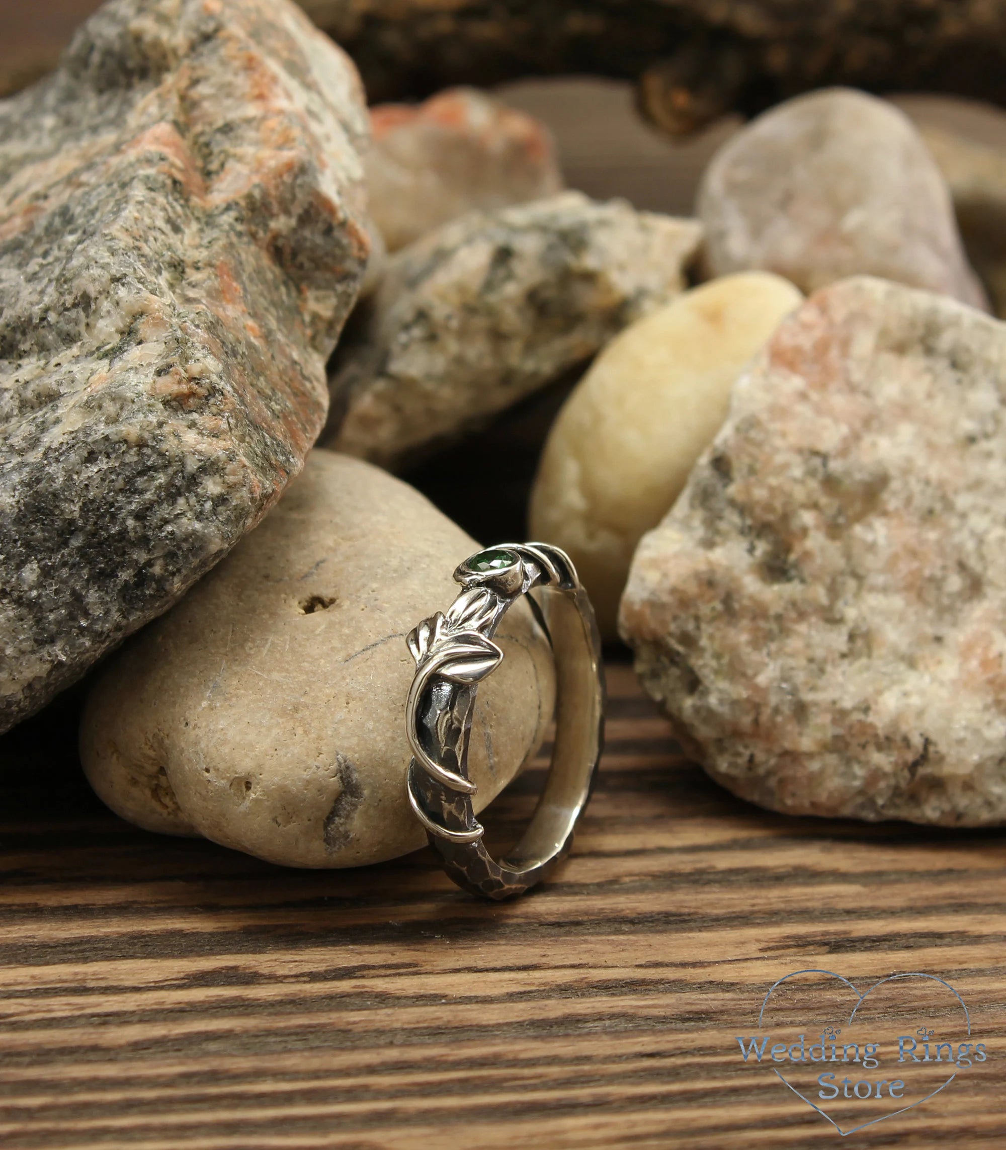 Natural Emerald with Leaf and Vine Silver Hammered Engagement Ring