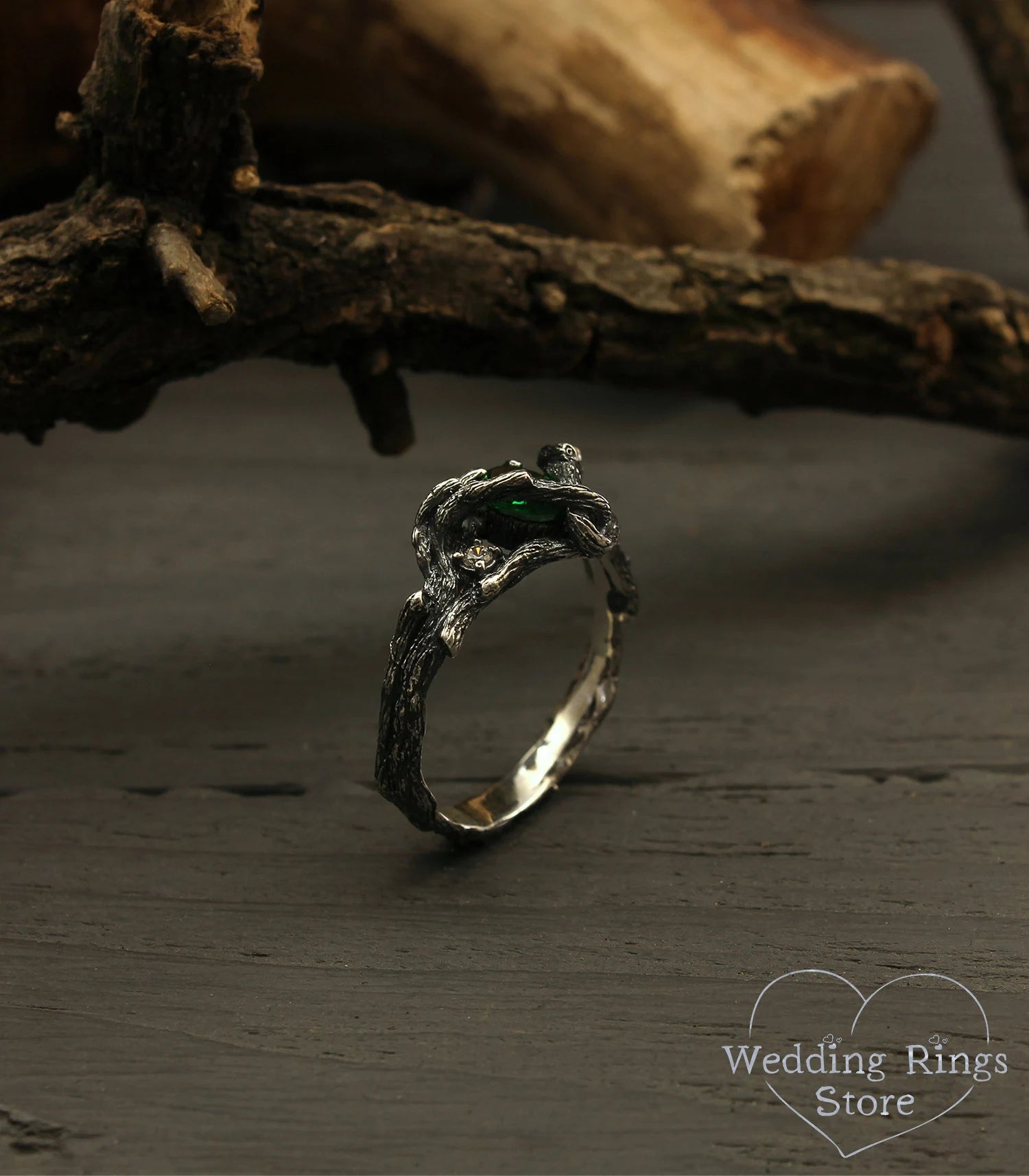 Emerald Twig Engagement Ring Whimsical Silver Tree Branch