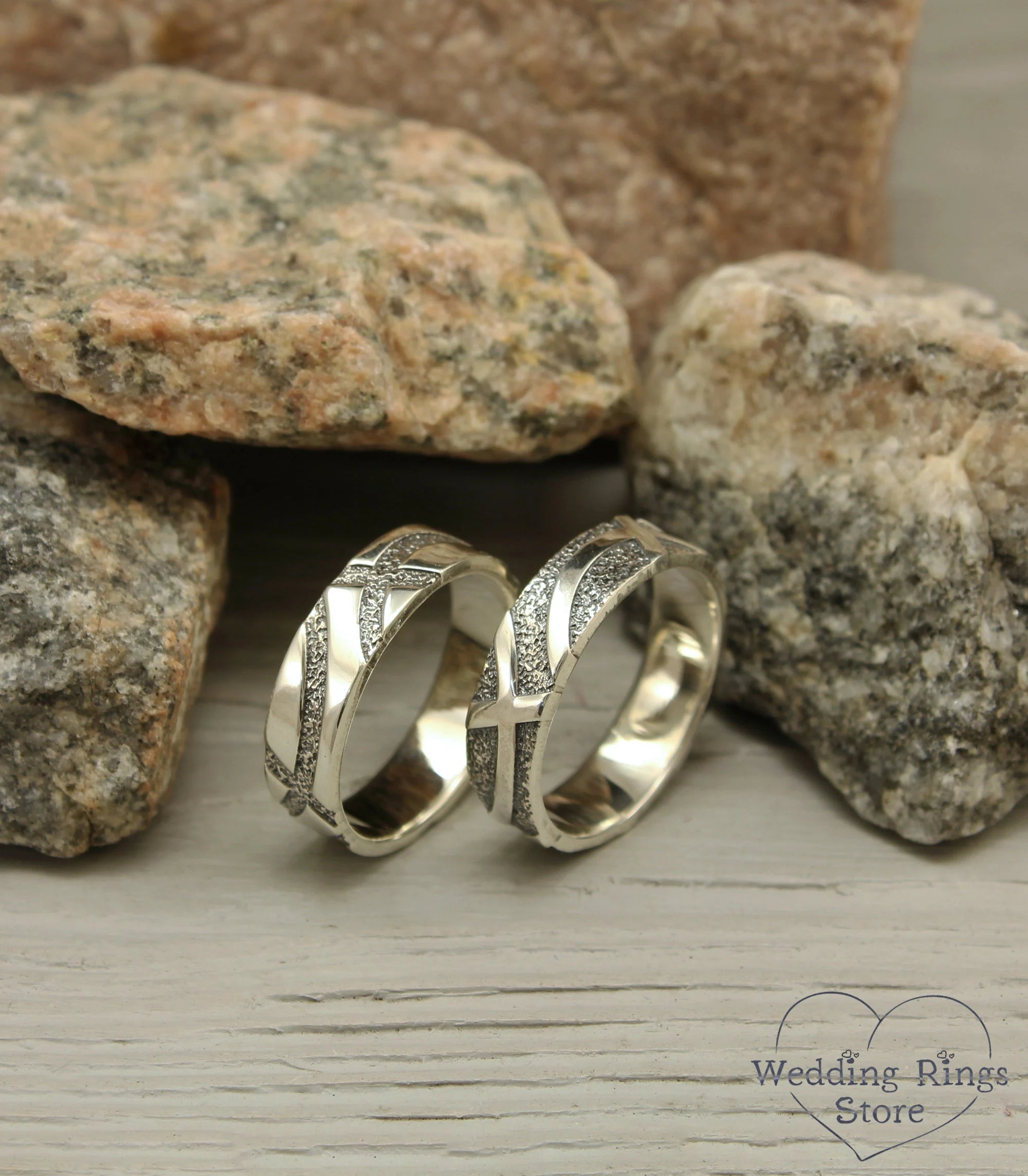 Modern & Geometric Silver Wedding Rings Set