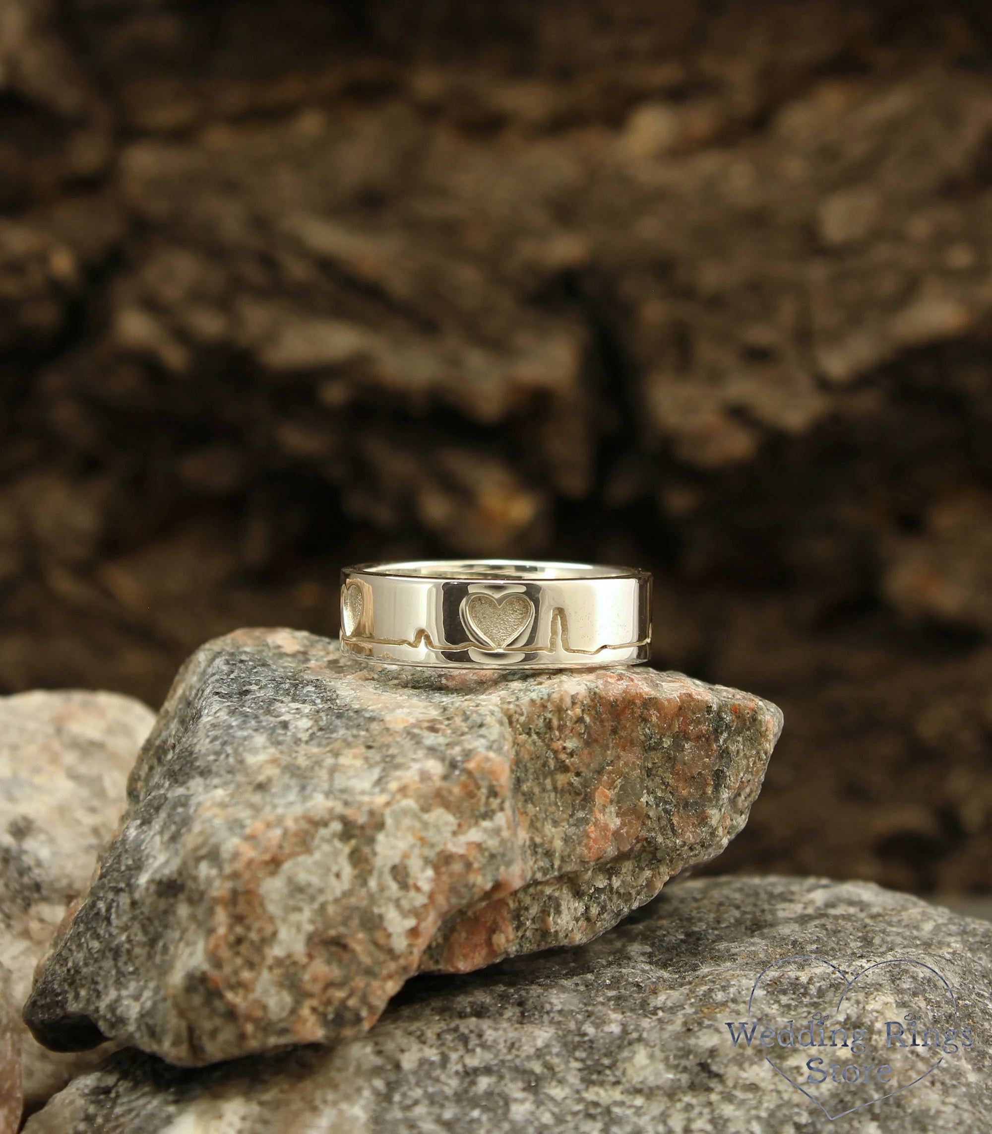 Unique Silver pulse Ring — Heartbeat wide Wedding Band