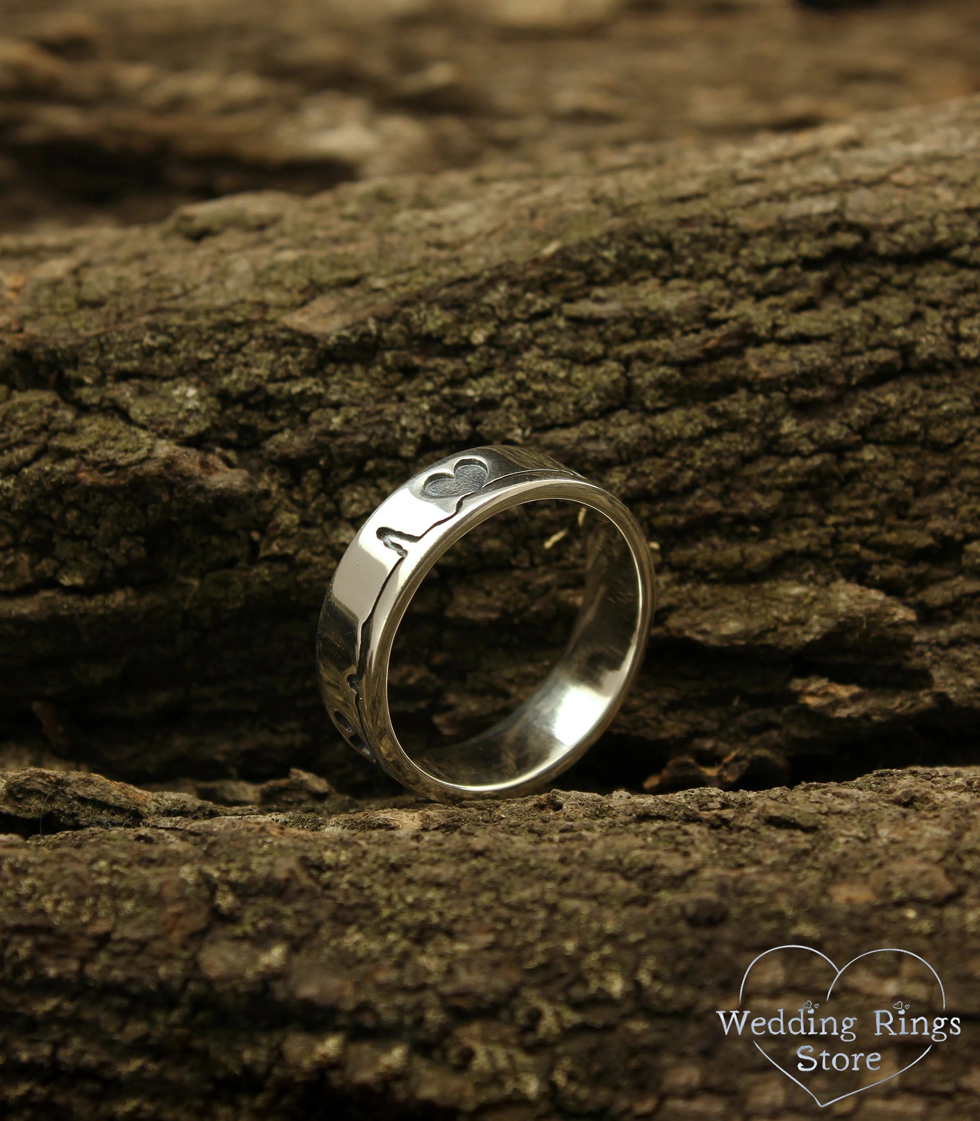 Unique Silver pulse Ring — Heartbeat wide Wedding Band