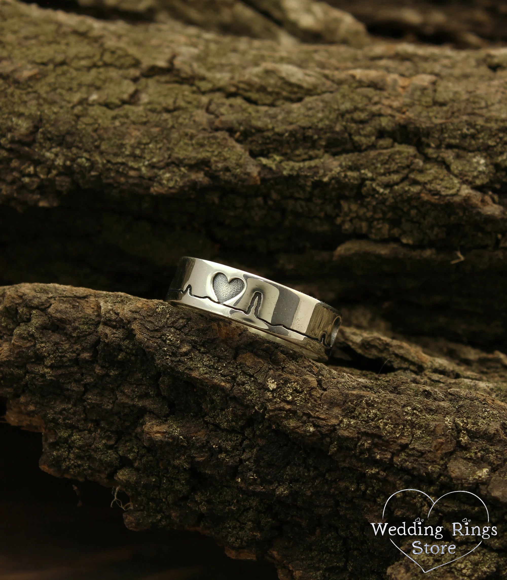 Unique Silver pulse Ring — Heartbeat wide Wedding Band