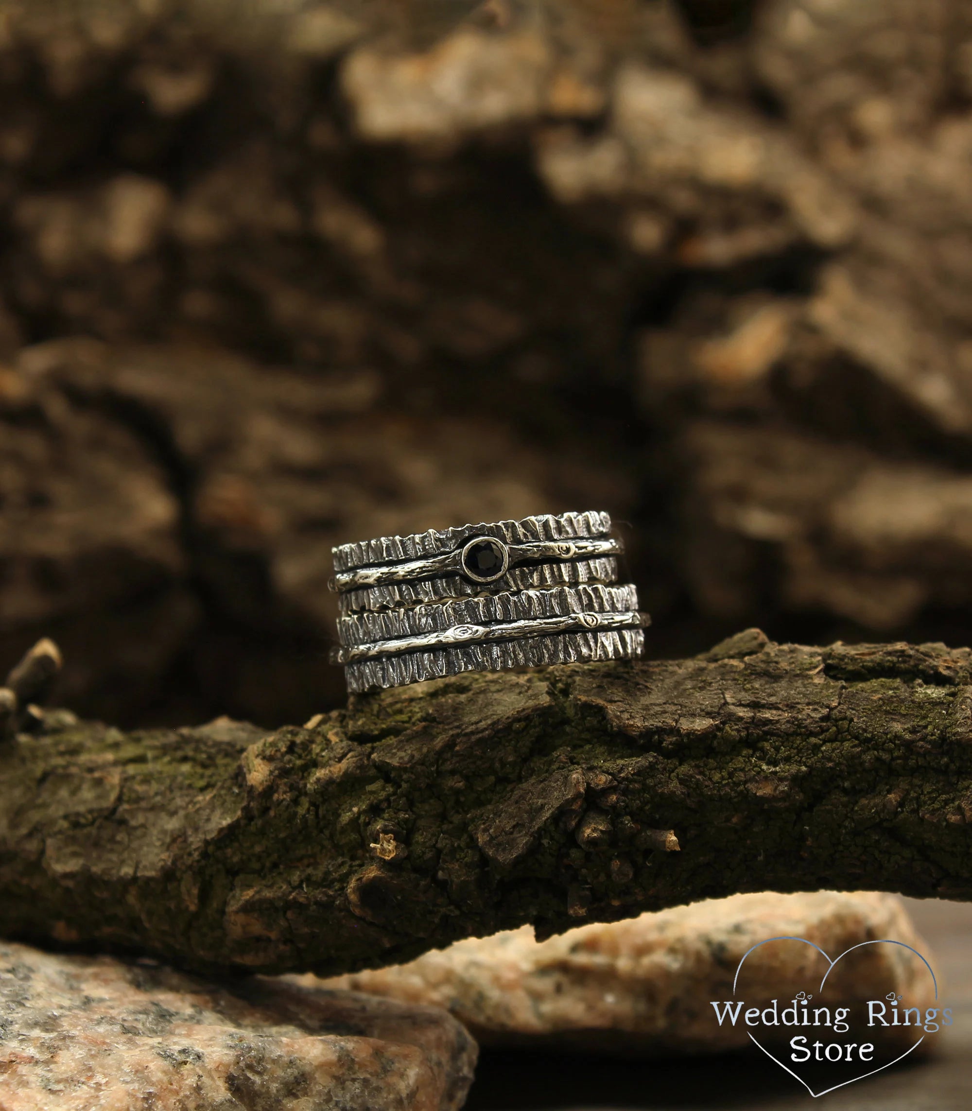 Sapphire and Tree bark Durable Couple Wedding Rings