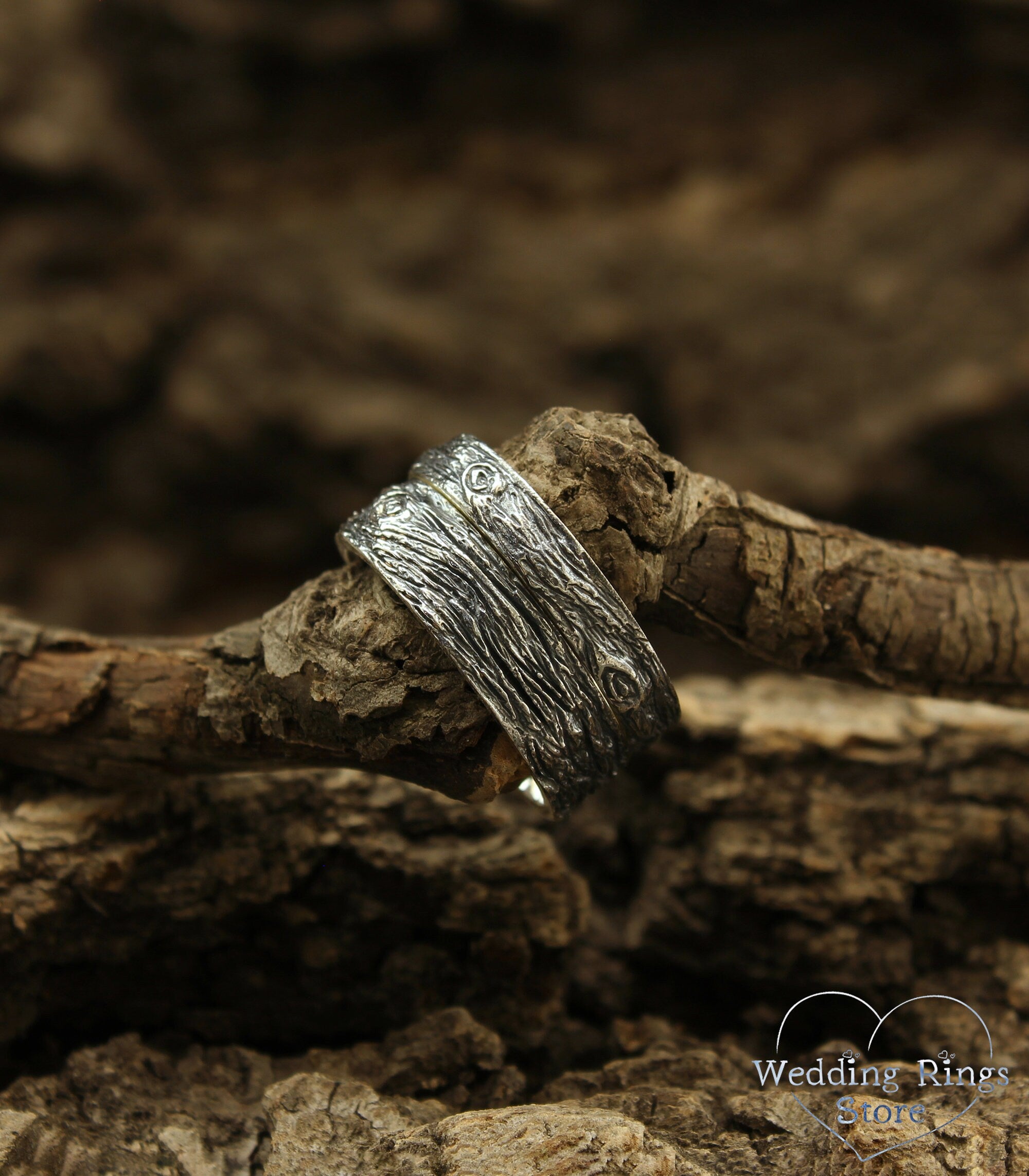 Silver Wood Bark Wedding Bands for Couple Tree Inpired