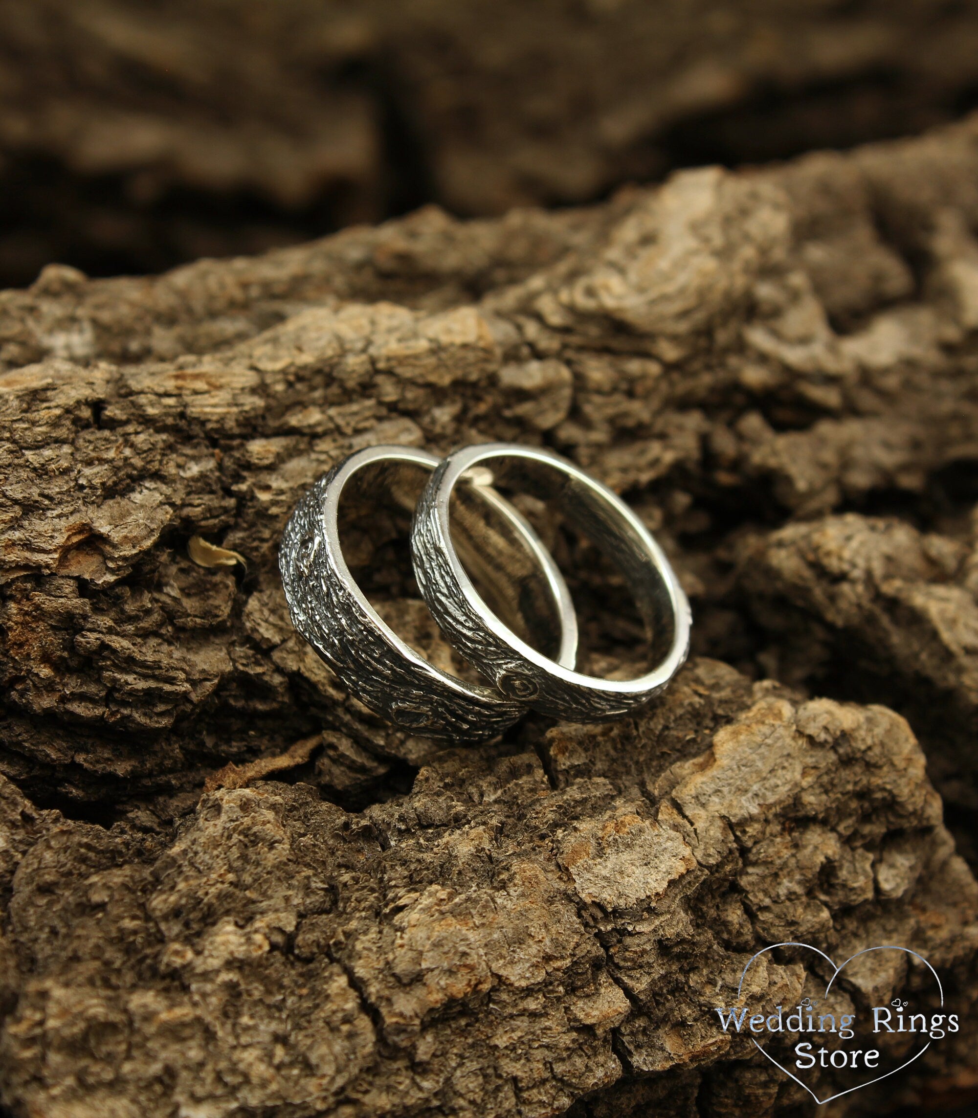 Silver Wood Bark Wedding Bands for Couple Tree Inpired