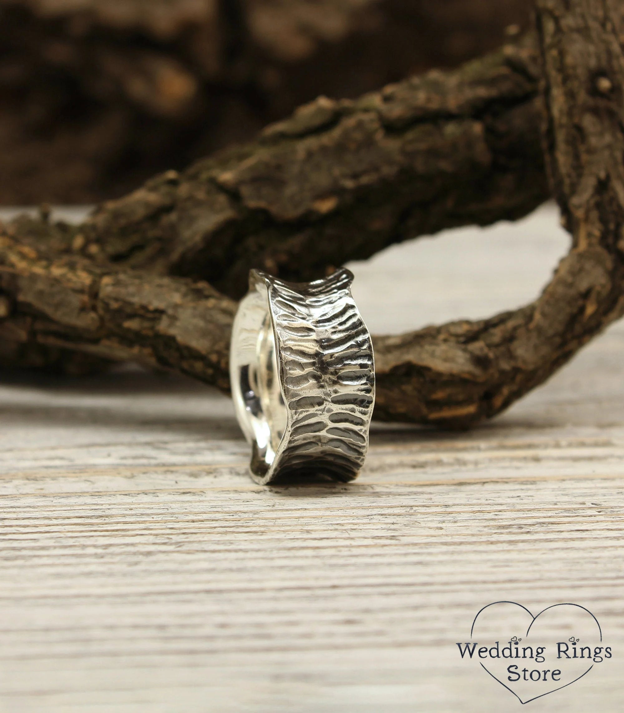 Wide Siver Leaf Band Ring Waved and Textured