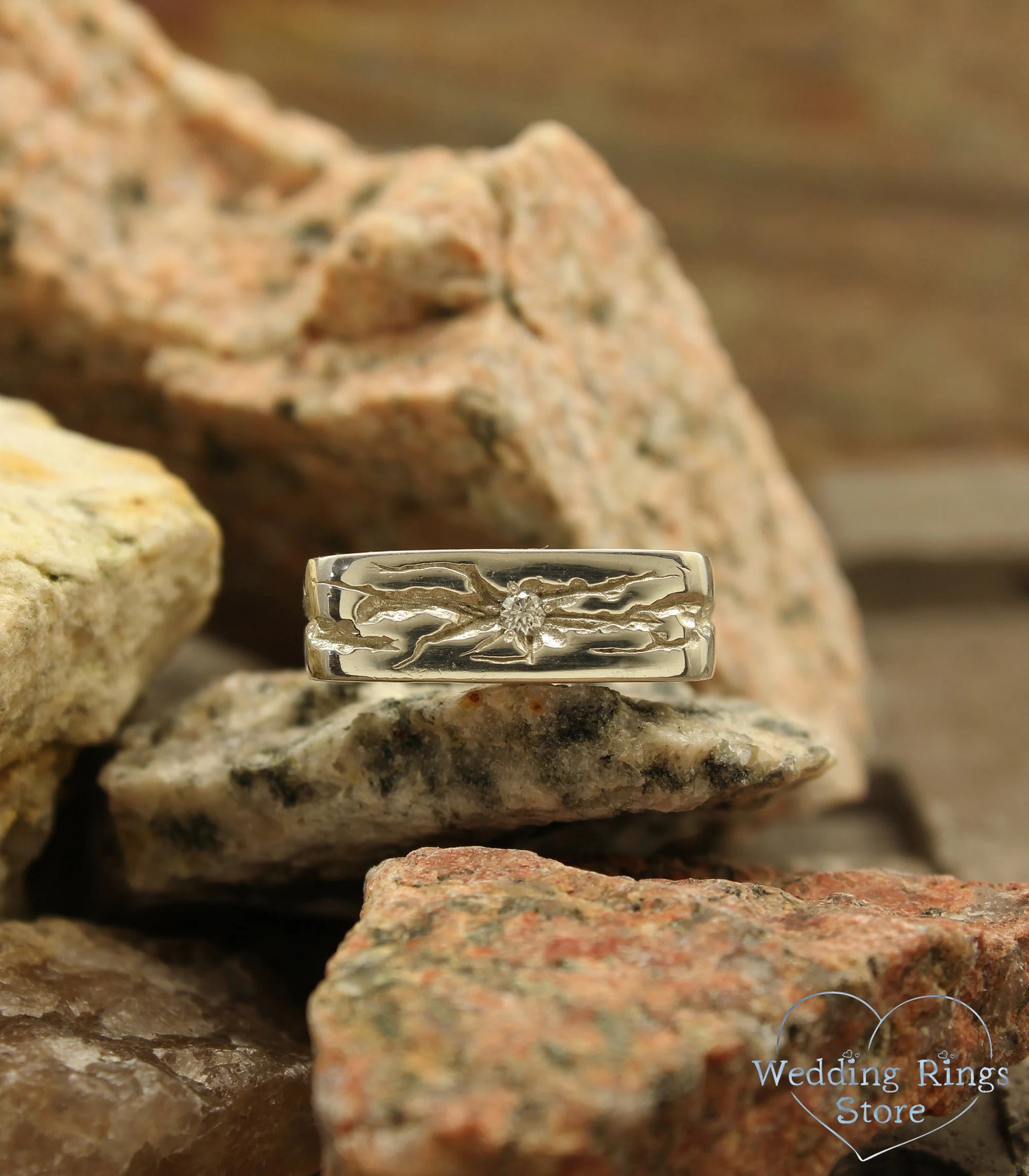 Heavy Flat Diamond Signet Ring with Silver Cracked texture