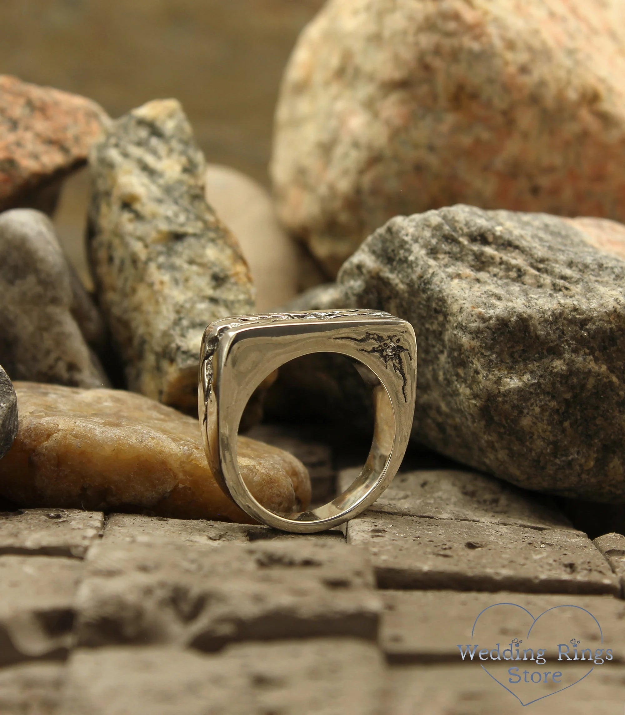 Heavy Flat Diamond Signet Ring with Silver Cracked texture