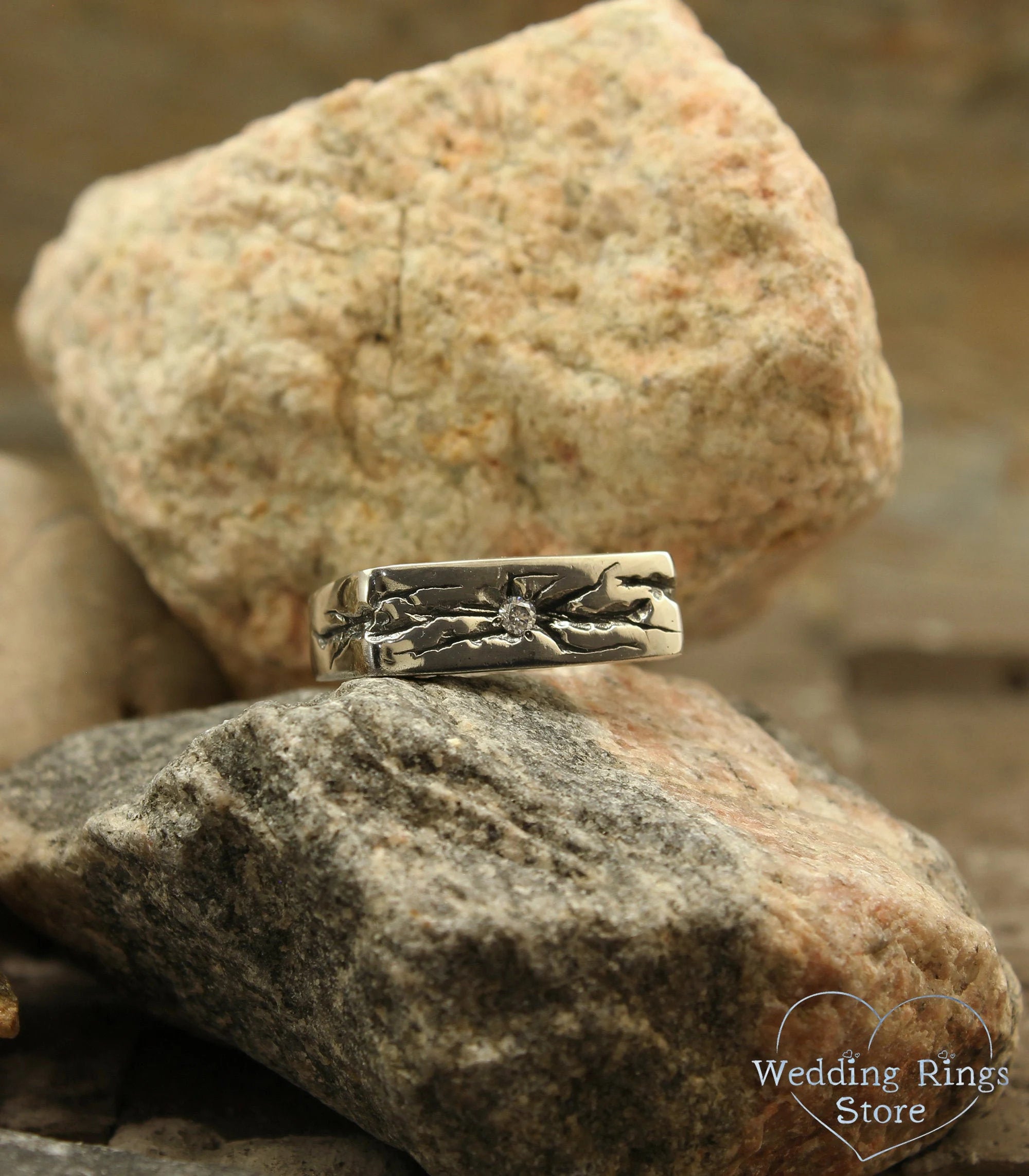 Heavy Flat Diamond Signet Ring with Silver Cracked texture