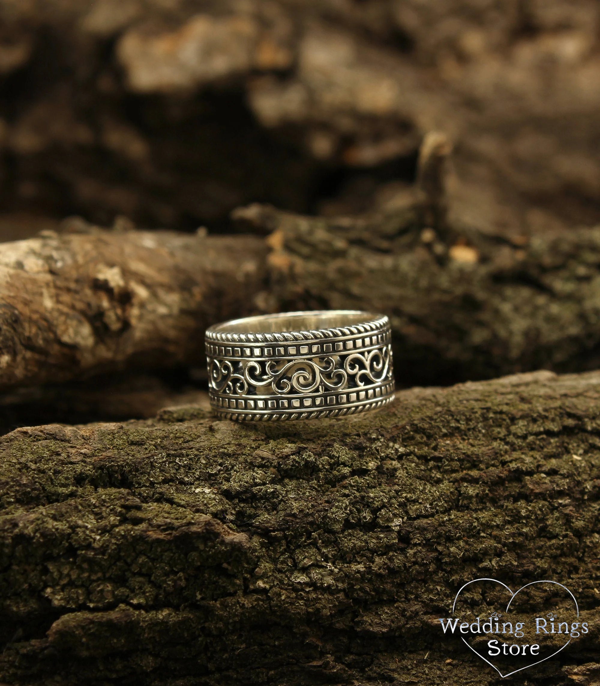 Antique finish Massive Silver Wedding Band with Filigree and Vine