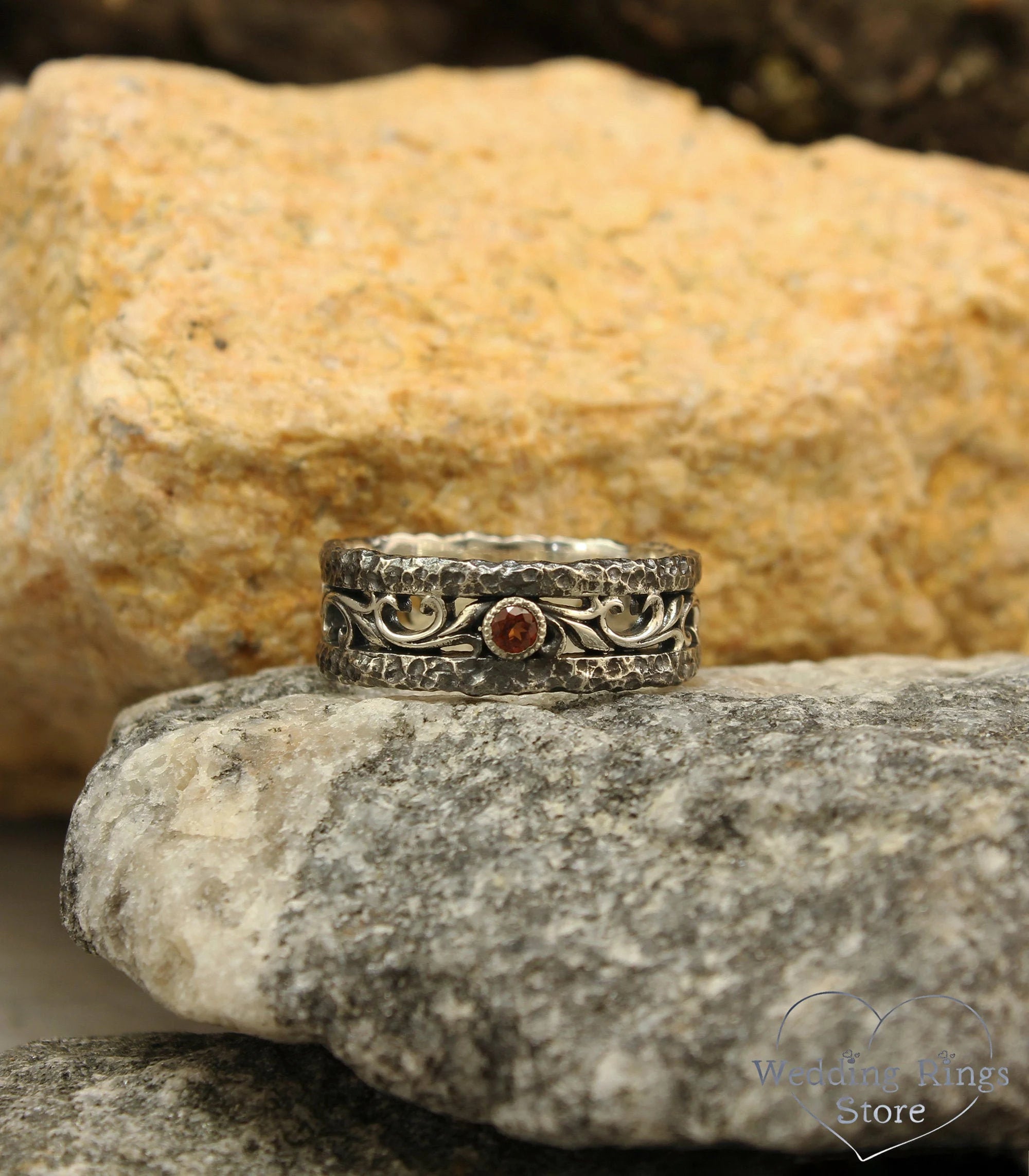 Garnet & Silver Rock and Vine Wedding Ring with Antique finish