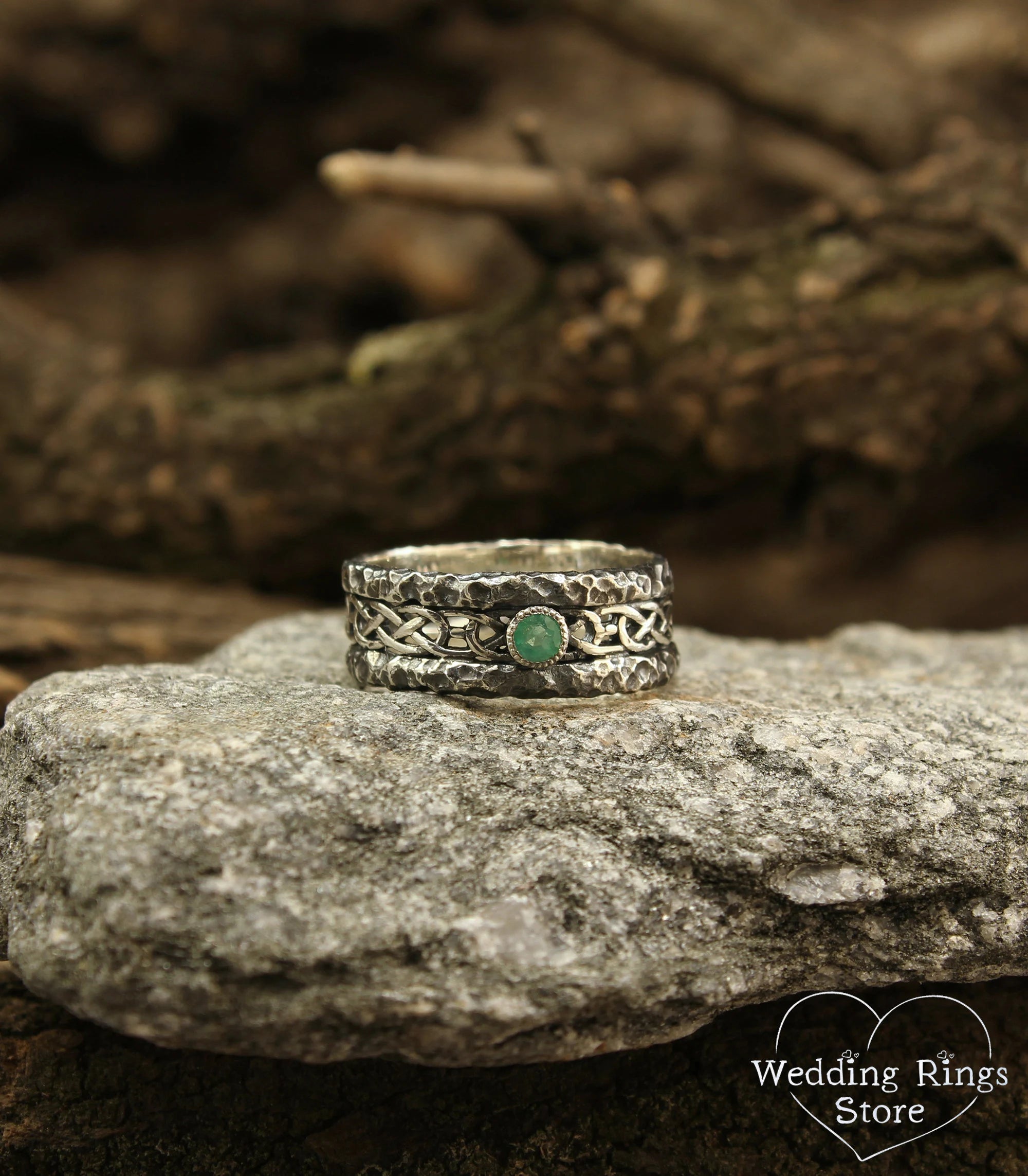 Hammered Antique Style Silver Celtic Wedding Band with Emerald