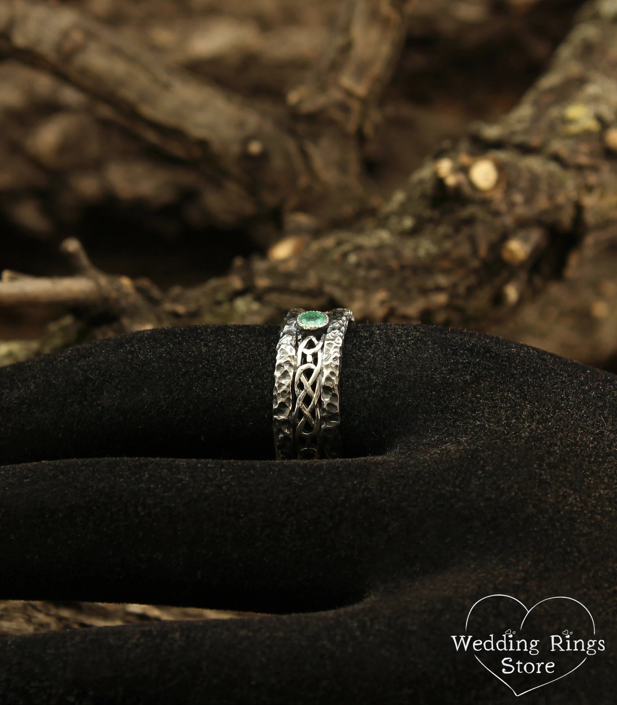 Hammered Antique Style Silver Celtic Wedding Band with Emerald