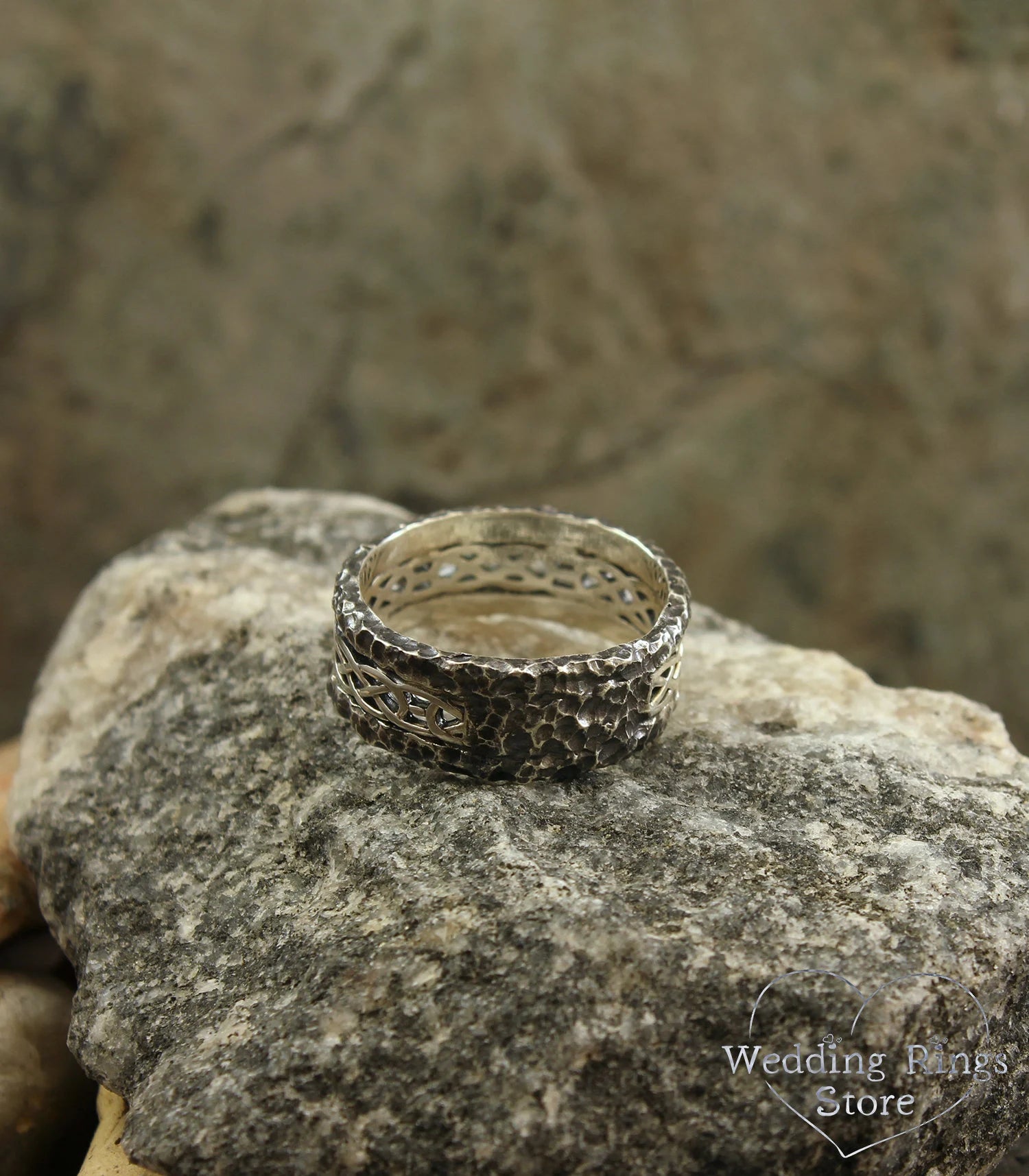 Celtic Silver Wedding Band with Hammered Edges