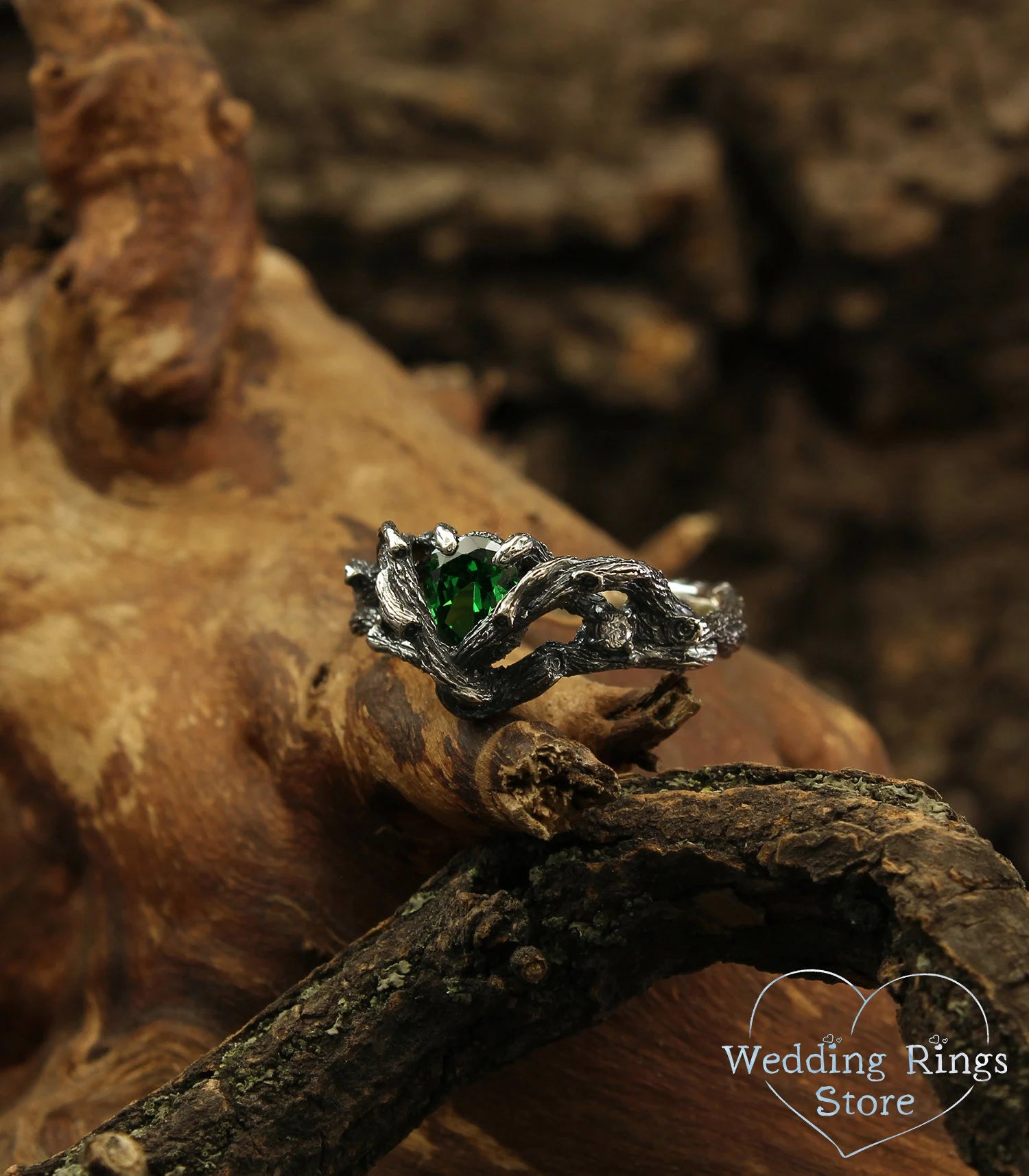 Emerald Twig Engagement Ring Whimsical Silver Tree Branch