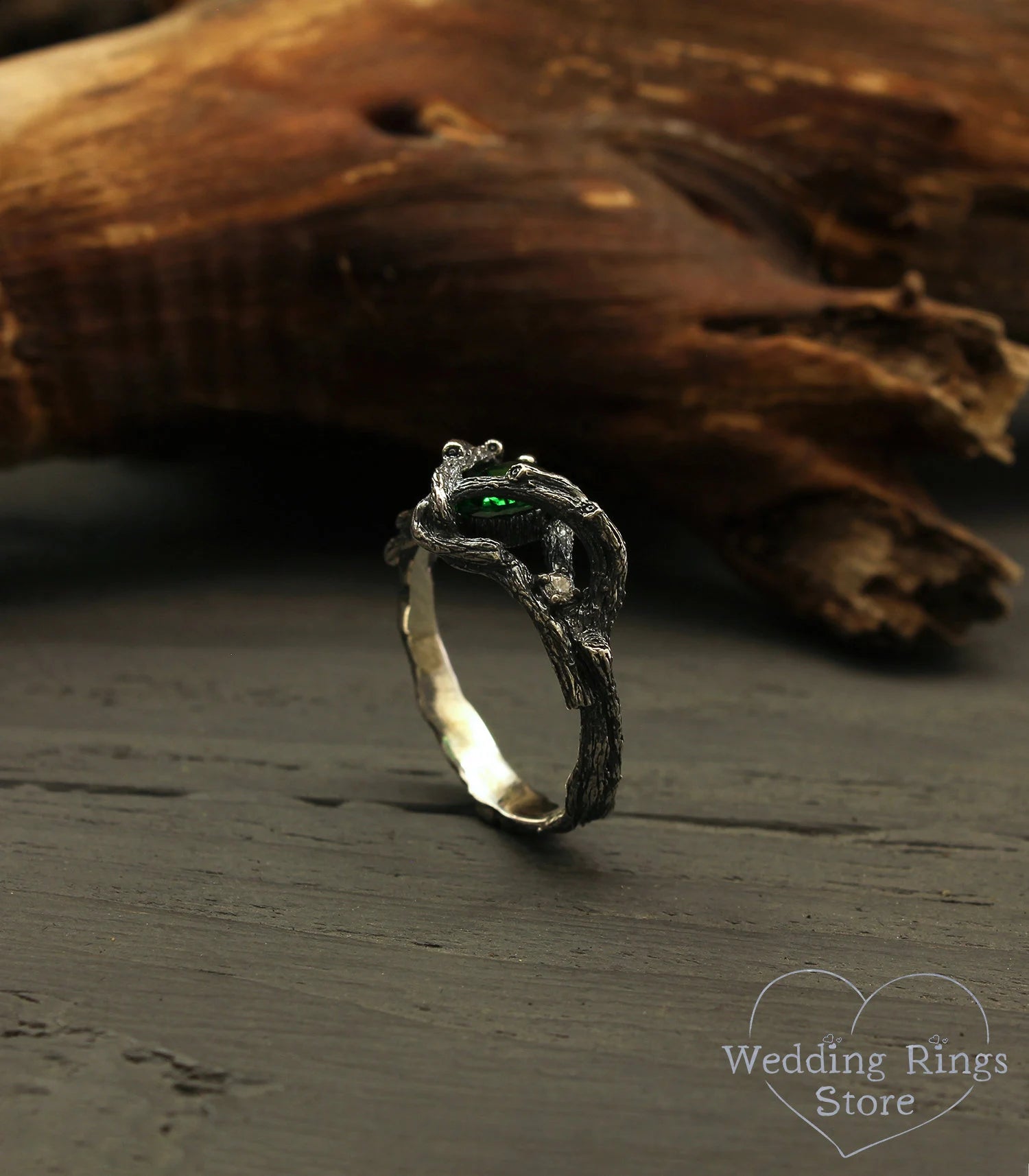 Emerald Twig Engagement Ring Whimsical Silver Tree Branch