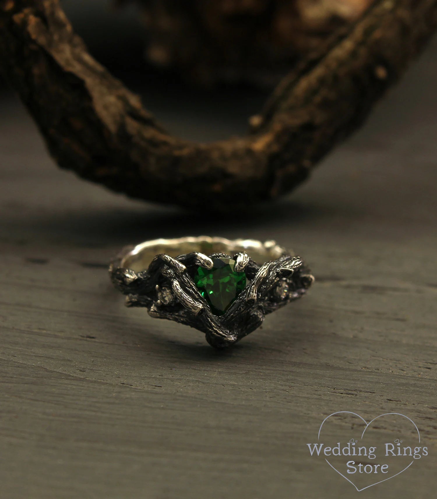 Emerald Twig Engagement Ring Whimsical Silver Tree Branch