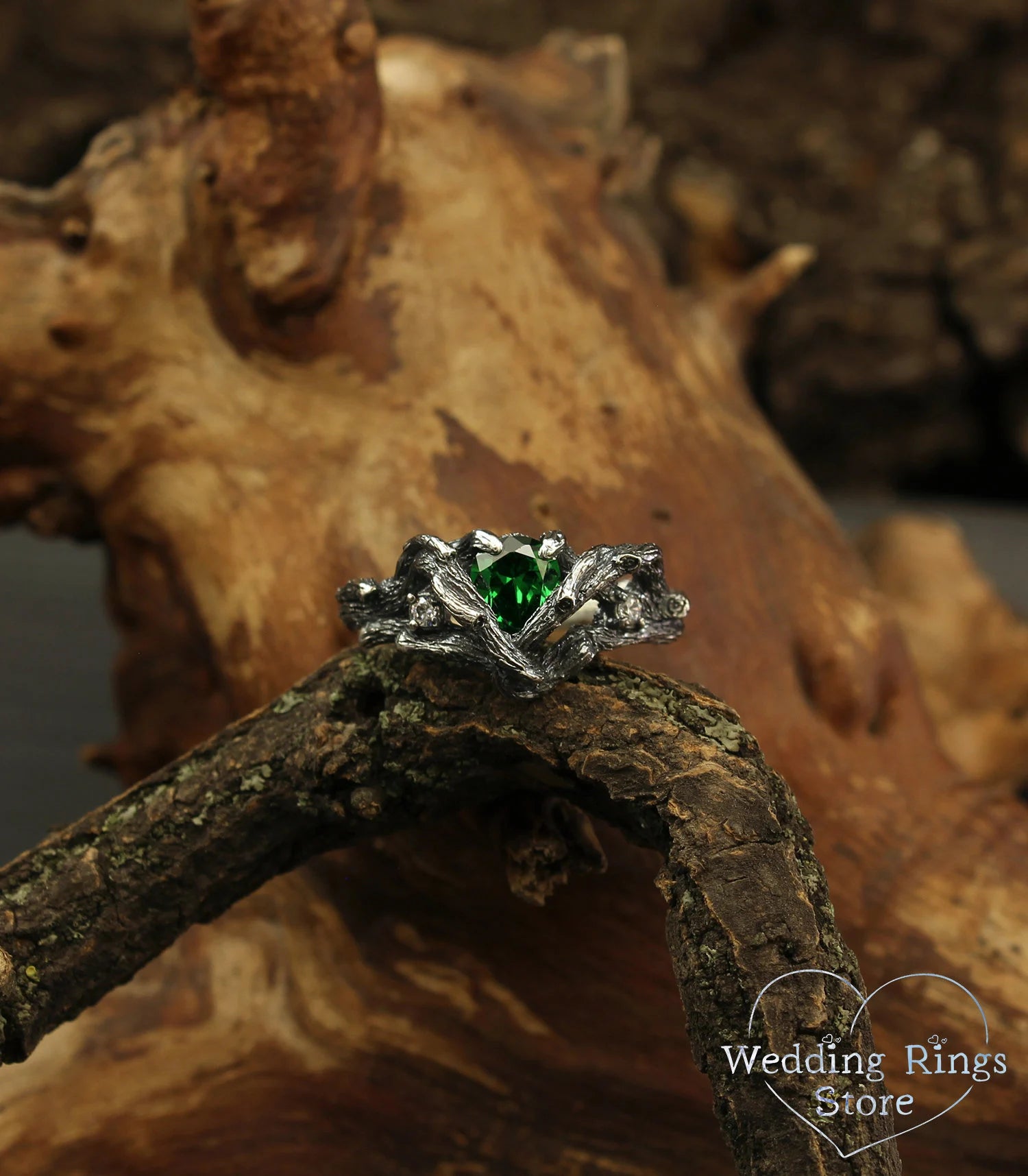 Emerald Twig Engagement Ring Whimsical Silver Tree Branch