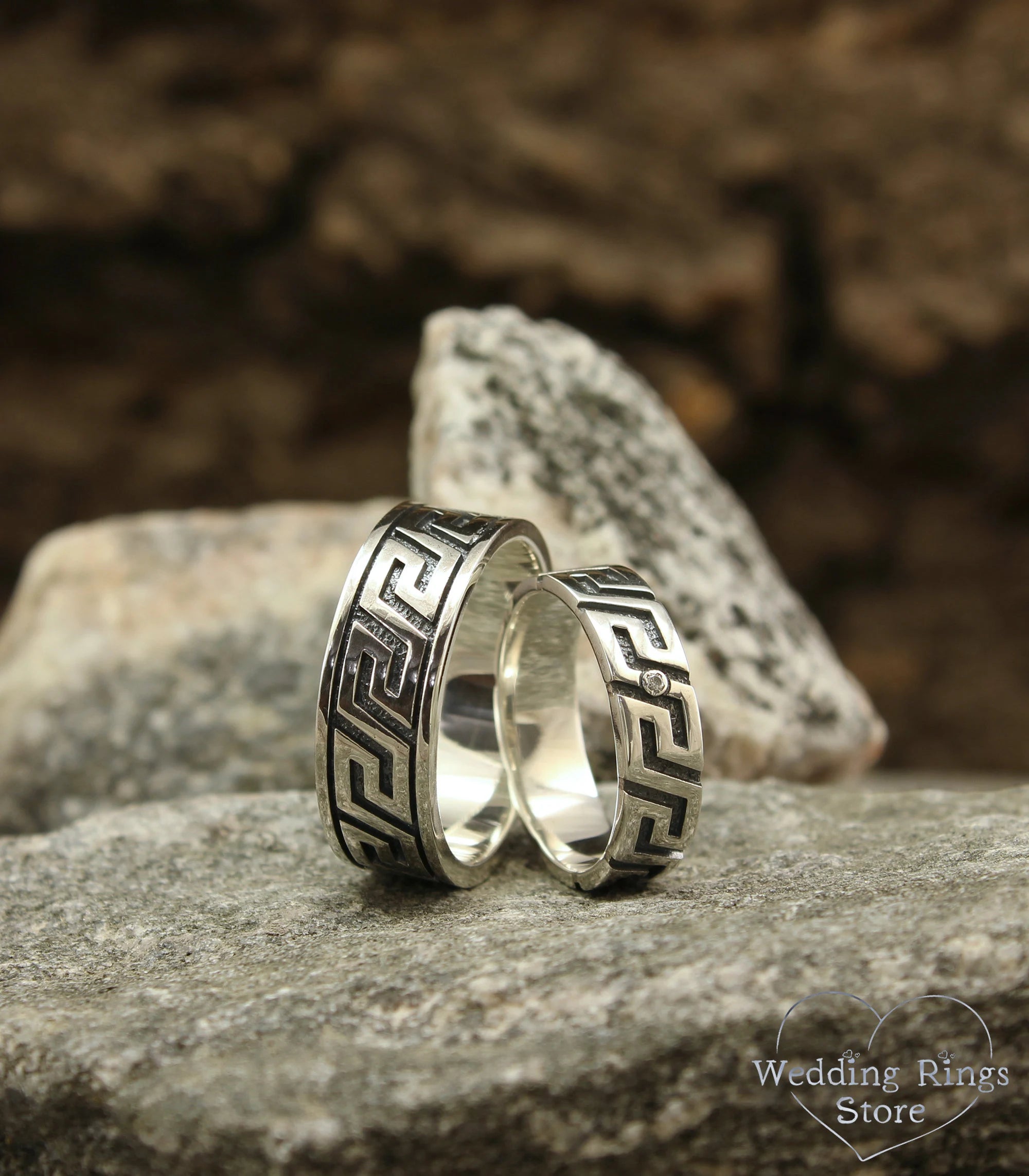 Solid Silver & Diamond Greek Wedding Bands set