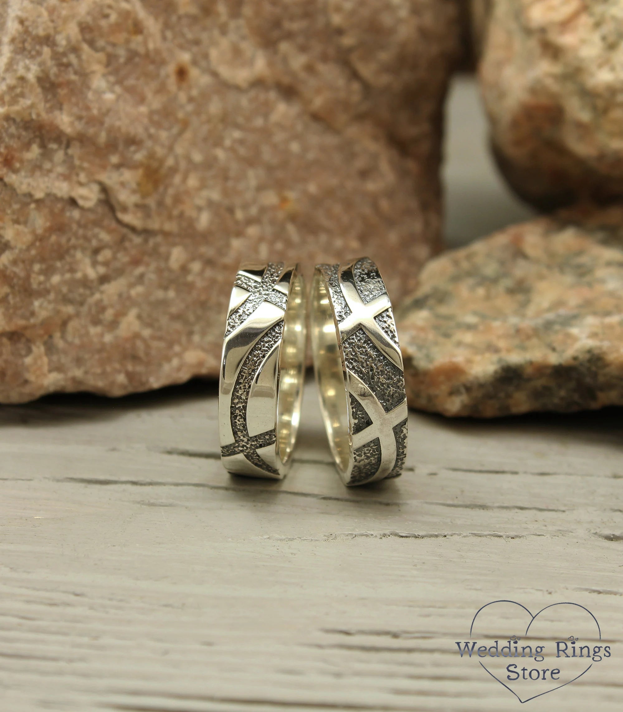 Modern & Geometric Silver Wedding Rings Set