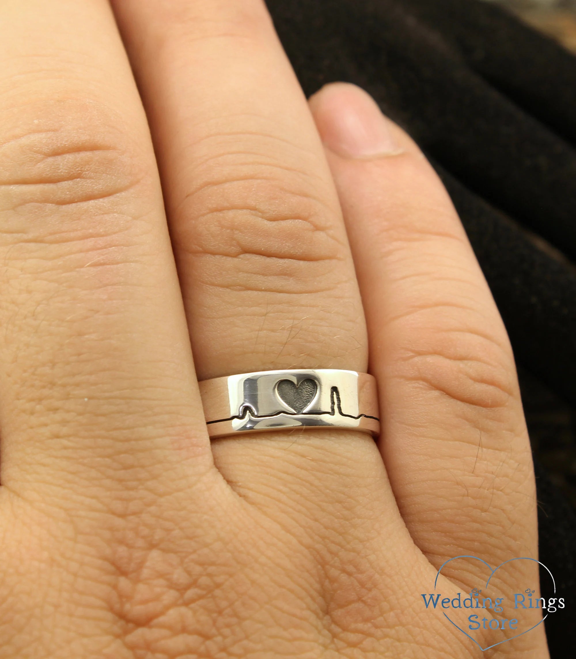 Unique Silver pulse Ring — Heartbeat wide Wedding Band