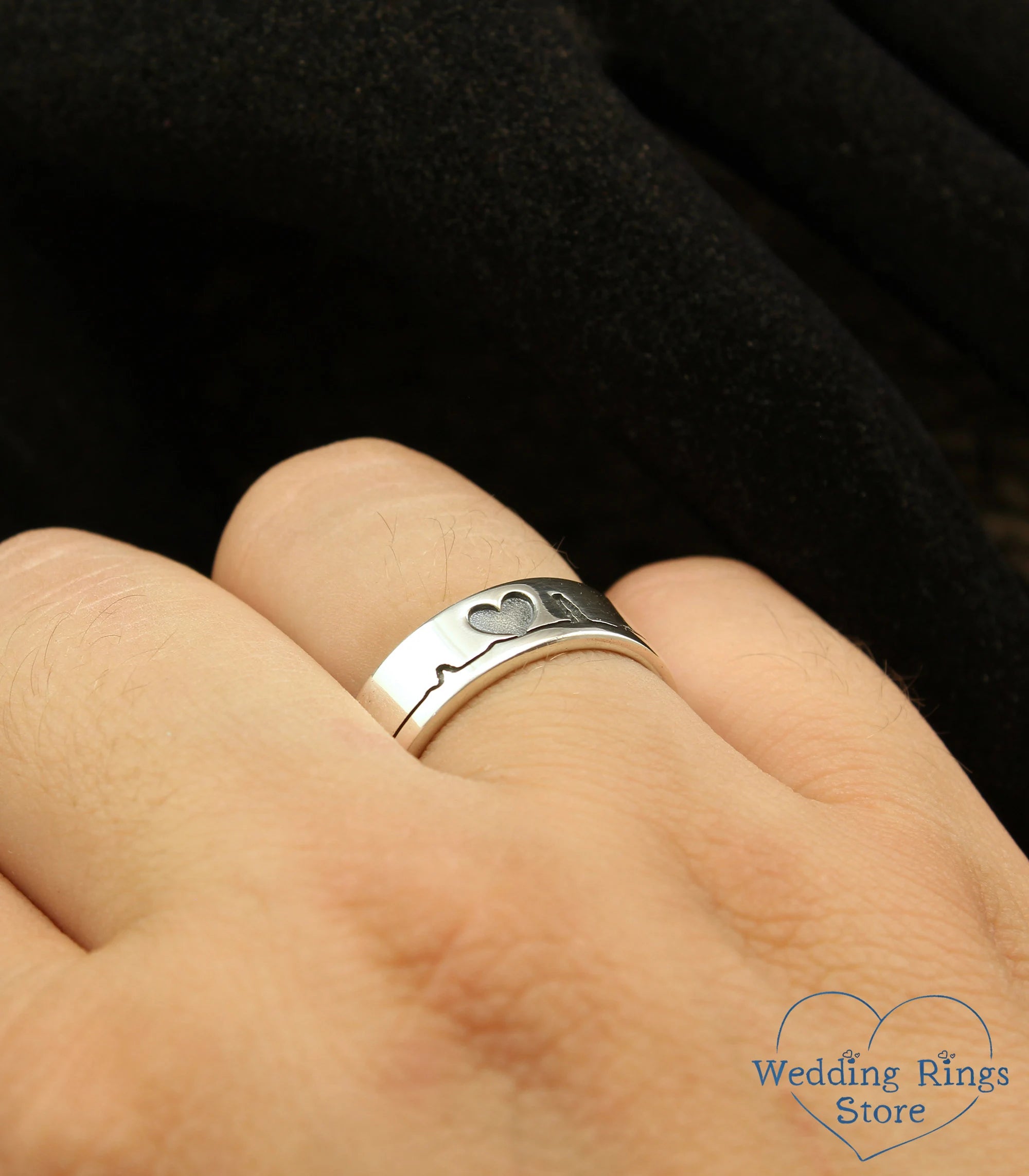 Unique Silver pulse Ring — Heartbeat wide Wedding Band