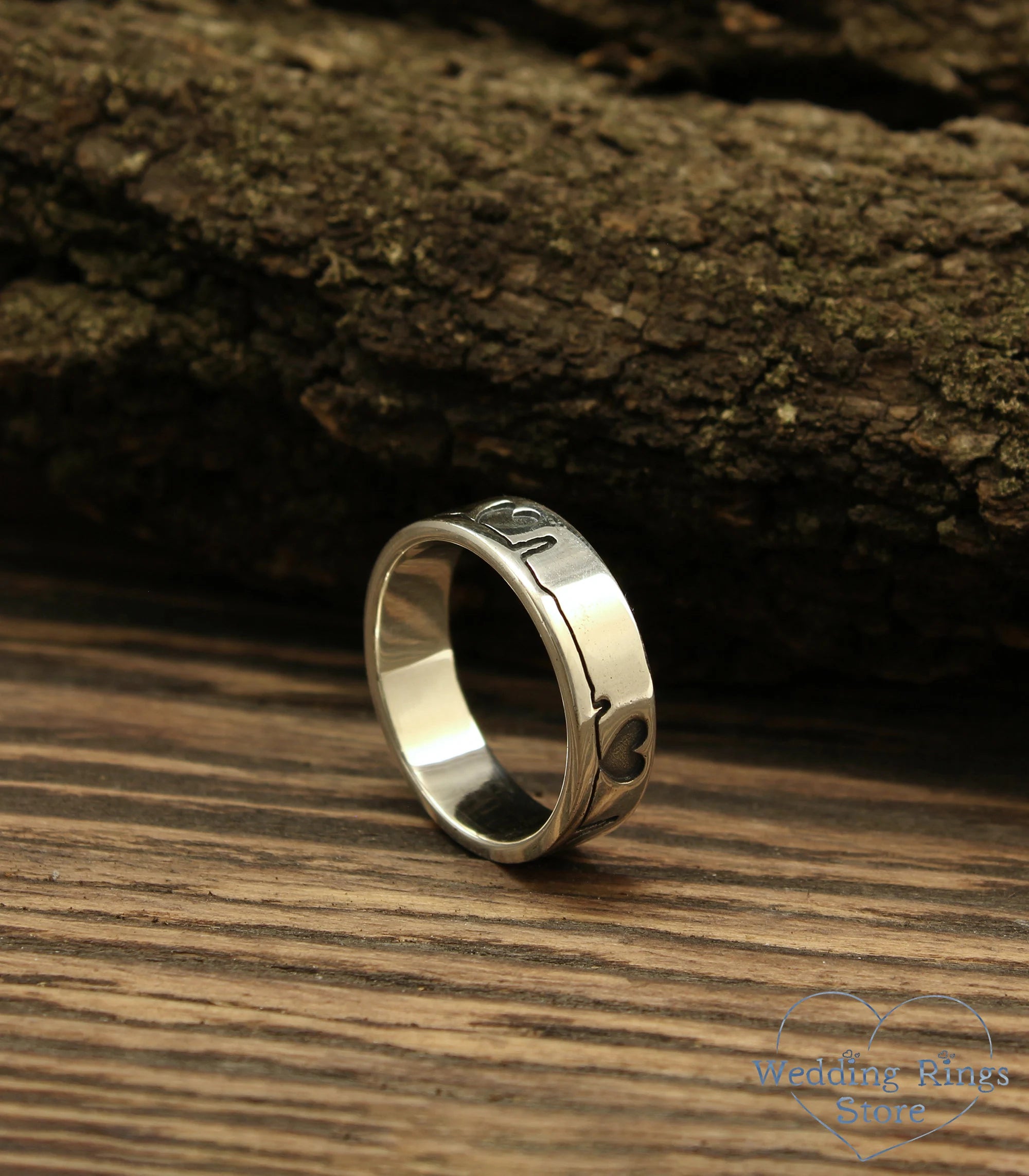 Unique Silver pulse Ring — Heartbeat wide Wedding Band