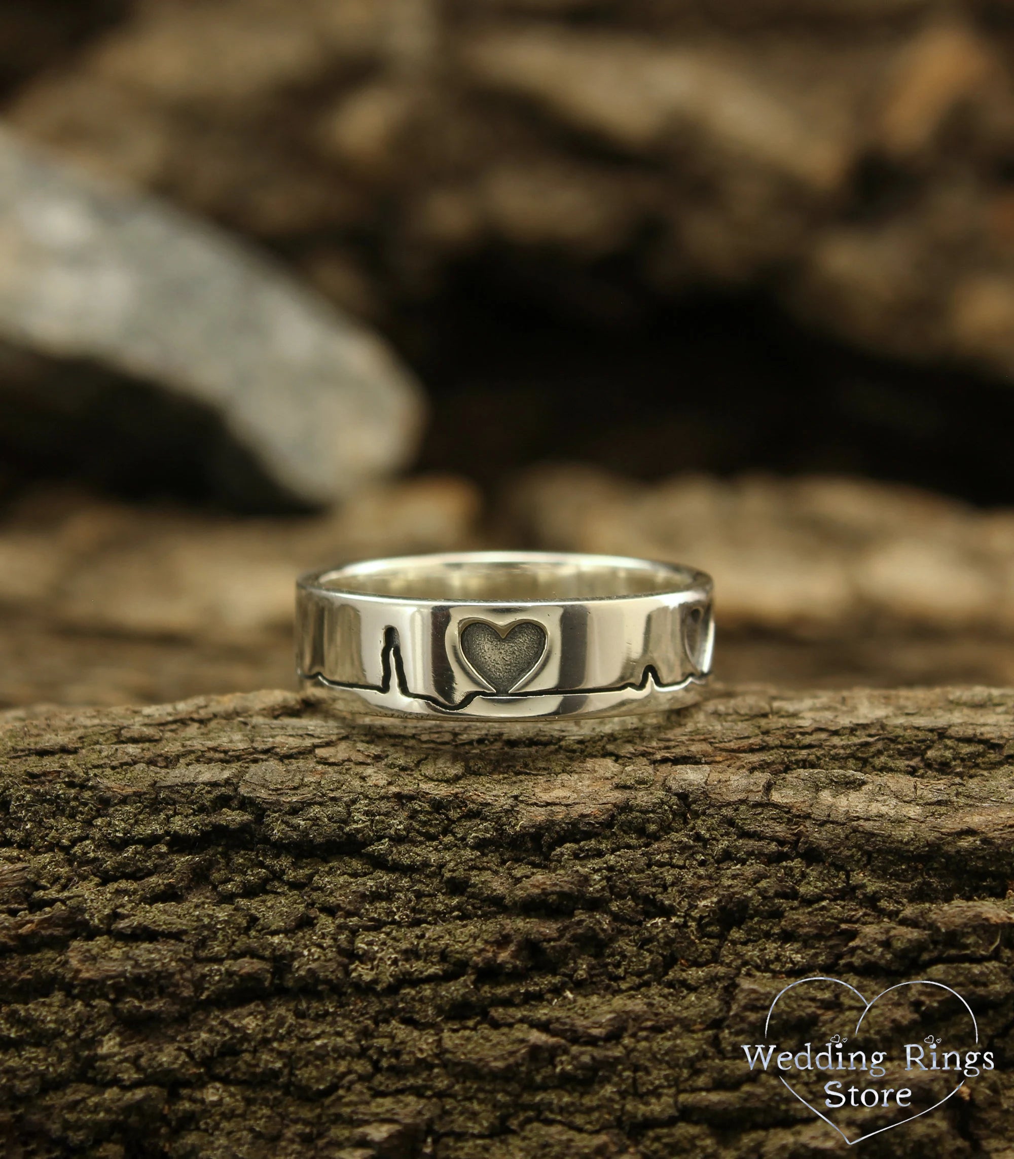 Unique Silver pulse Ring — Heartbeat wide Wedding Band