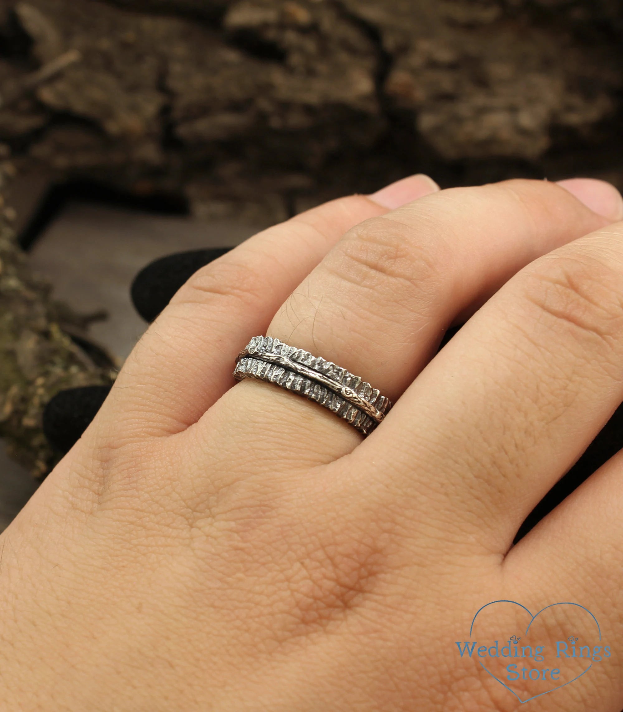 Sapphire and Tree bark Durable Couple Wedding Rings