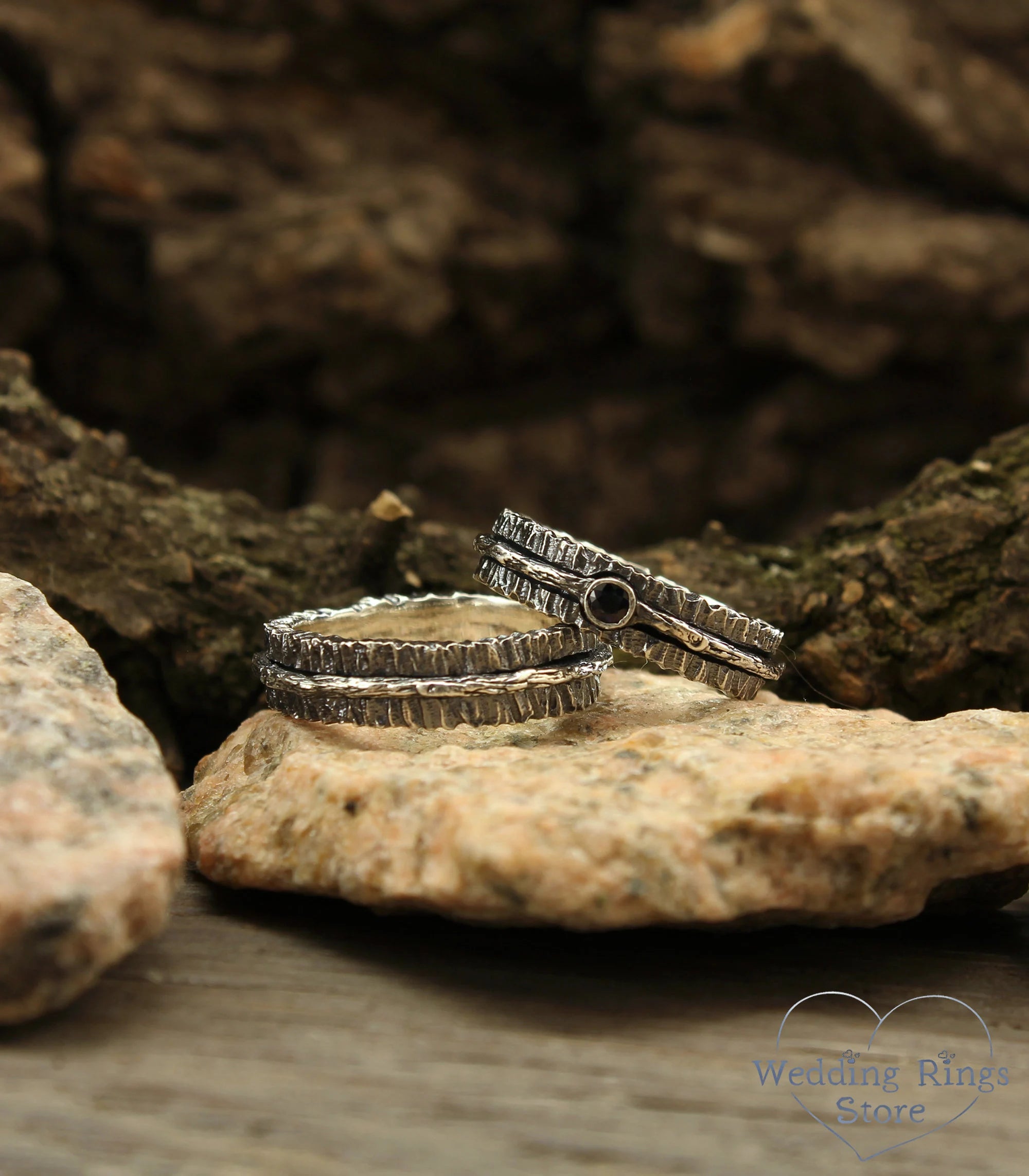 Sapphire and Tree bark Durable Couple Wedding Rings