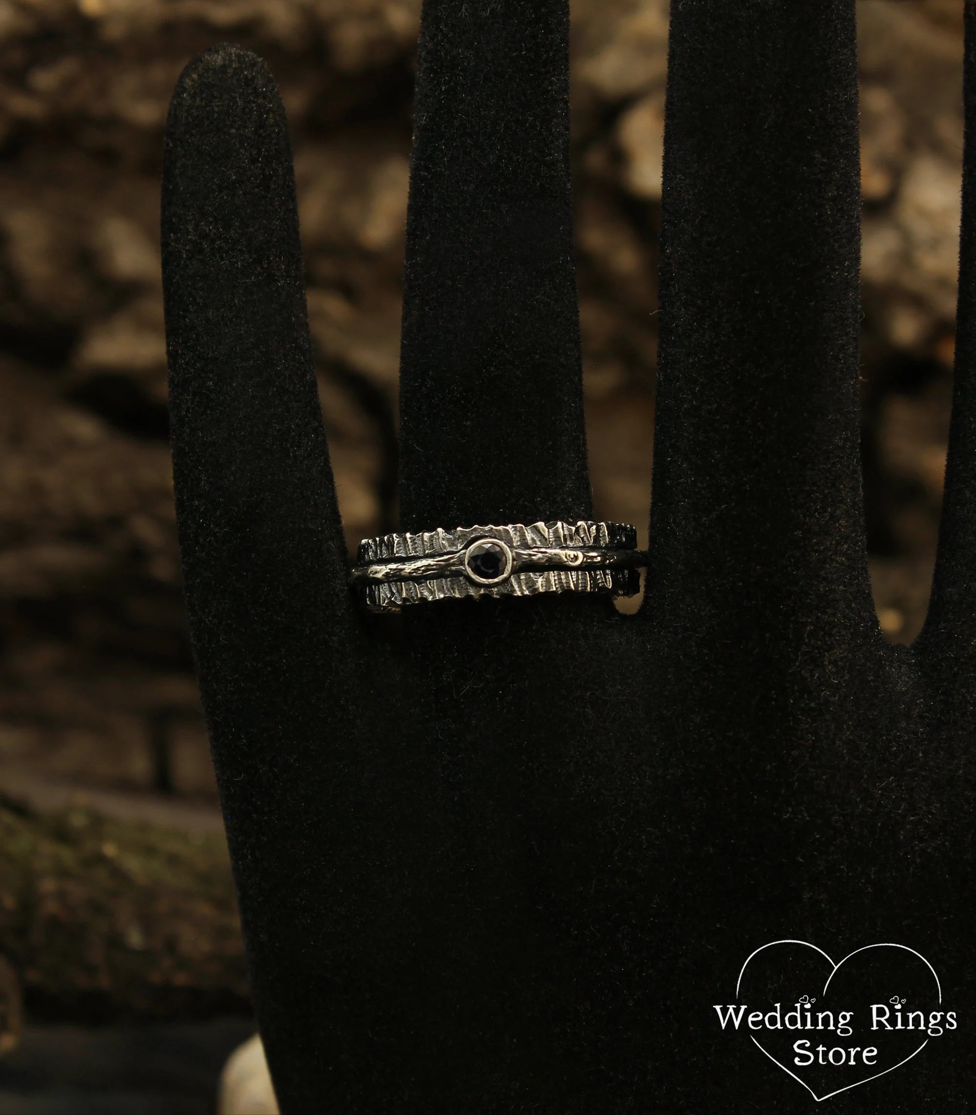 Sapphire and Tree bark Durable Couple Wedding Rings