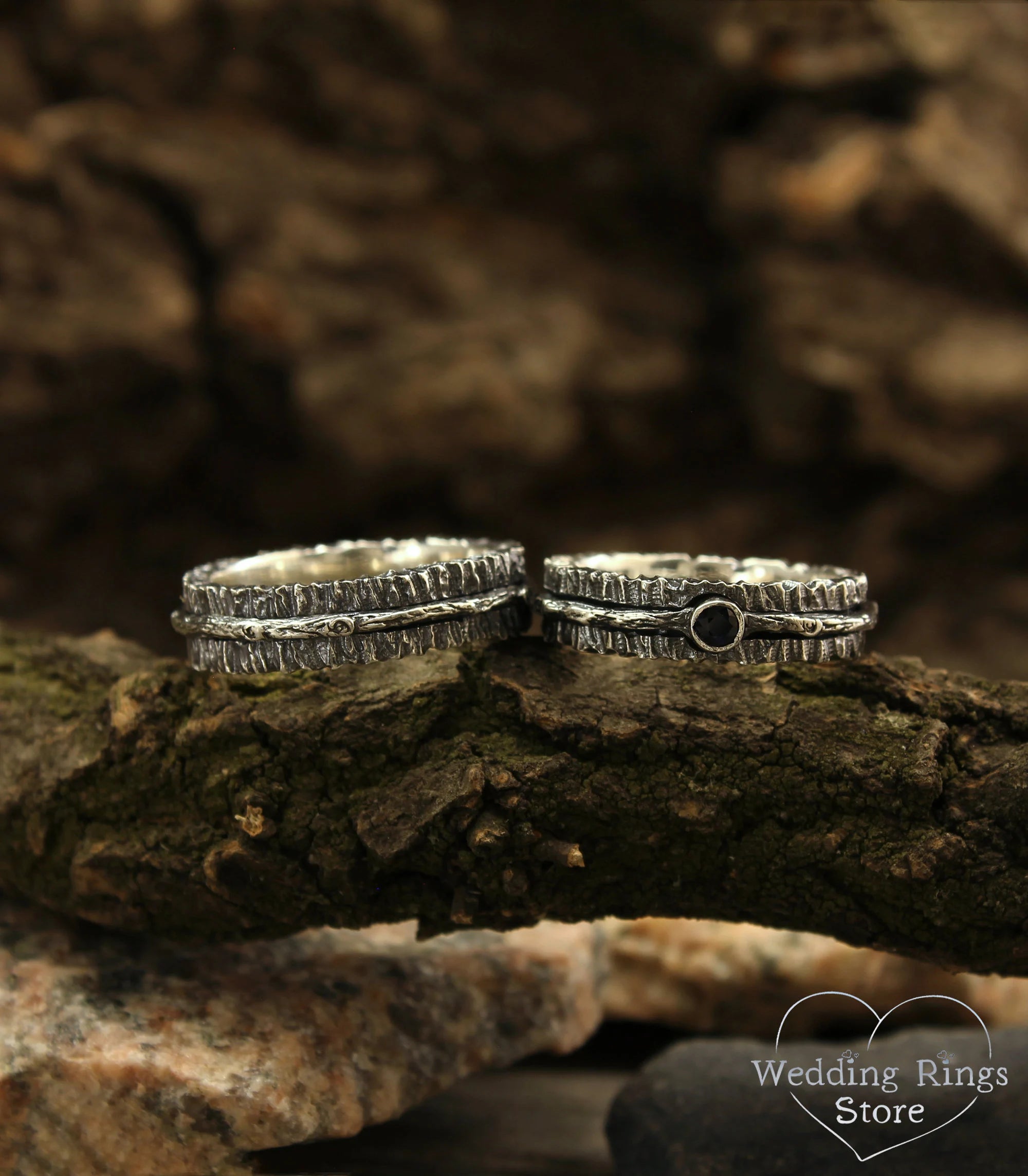 Sapphire and Tree bark Durable Couple Wedding Rings