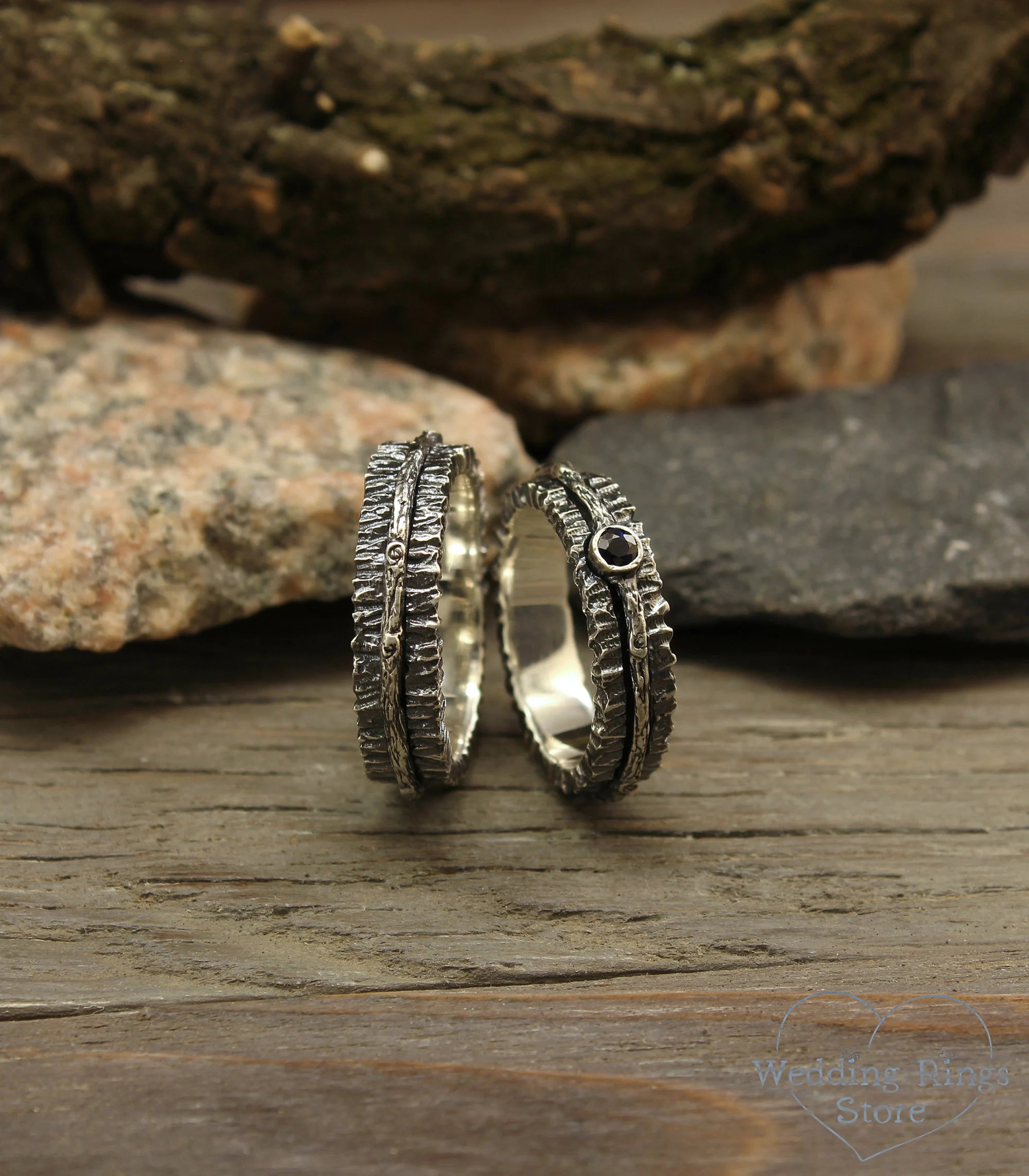 Sapphire and Tree bark Durable Couple Wedding Rings