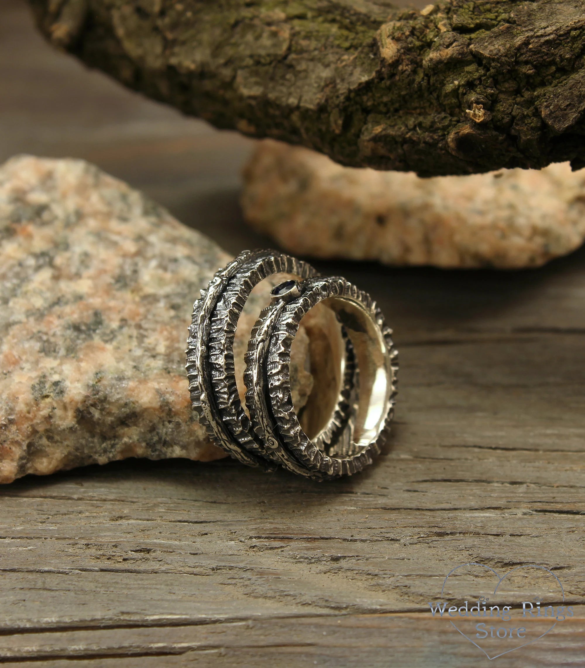 Sapphire and Tree bark Durable Couple Wedding Rings