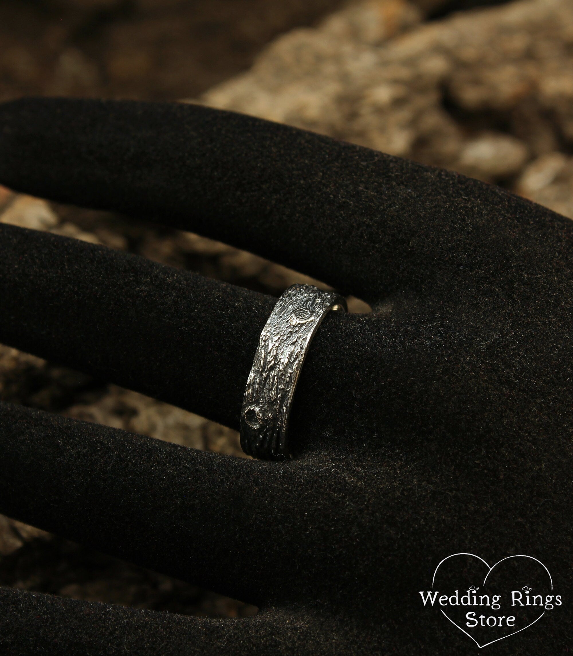 Silver Wood Bark Wedding Bands for Couple Tree Inpired