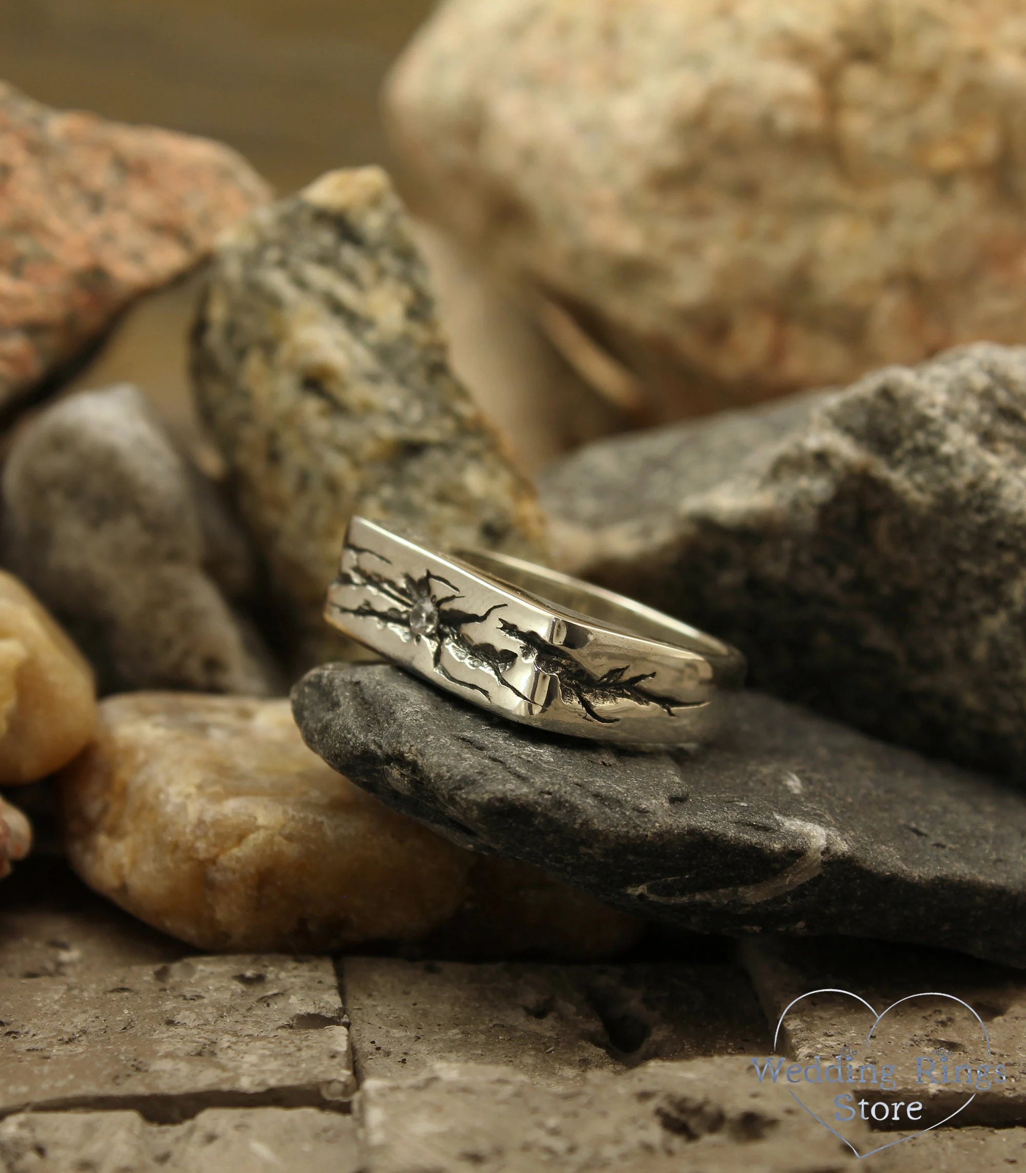 Heavy Flat Diamond Signet Ring with Silver Cracked texture