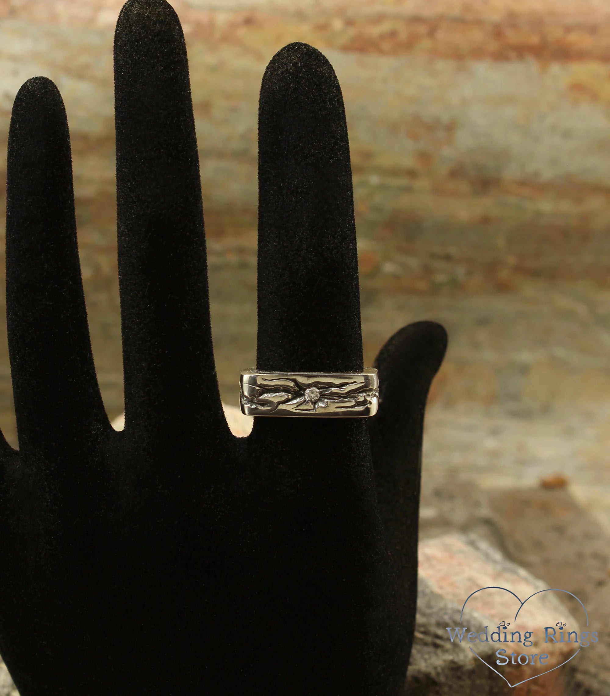 Heavy Flat Diamond Signet Ring with Silver Cracked texture