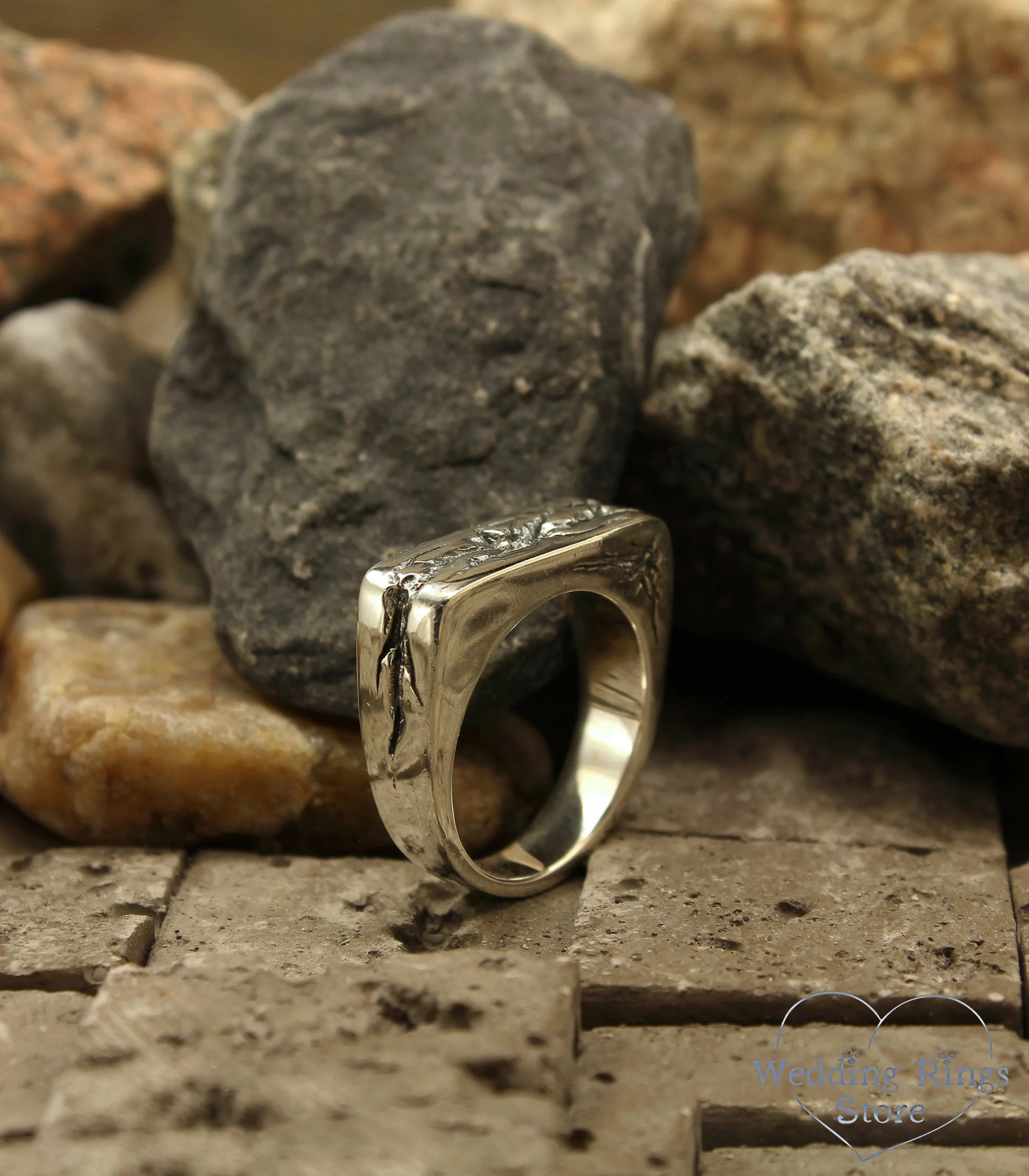 Heavy Flat Diamond Signet Ring with Silver Cracked texture