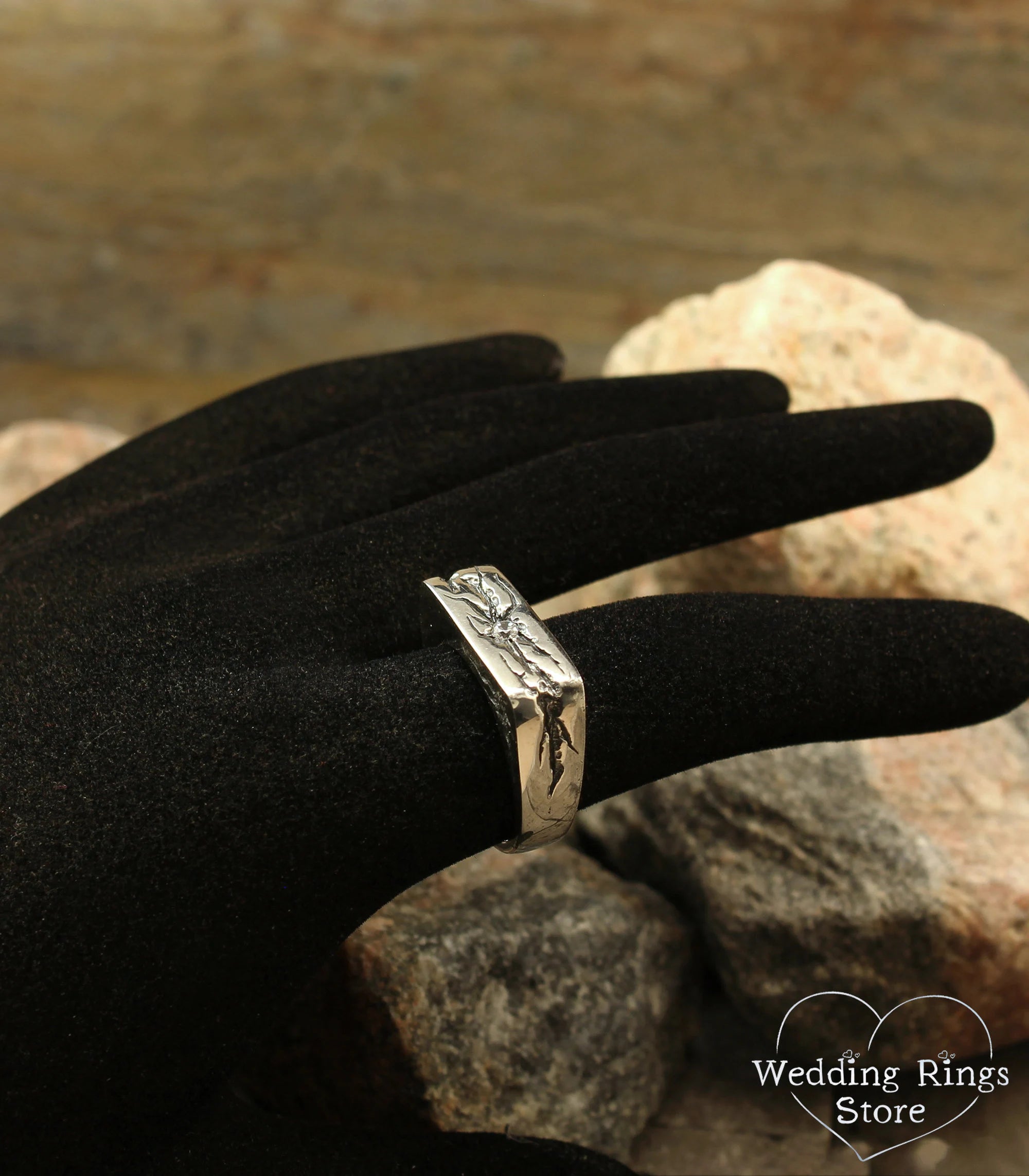 Heavy Flat Diamond Signet Ring with Silver Cracked texture