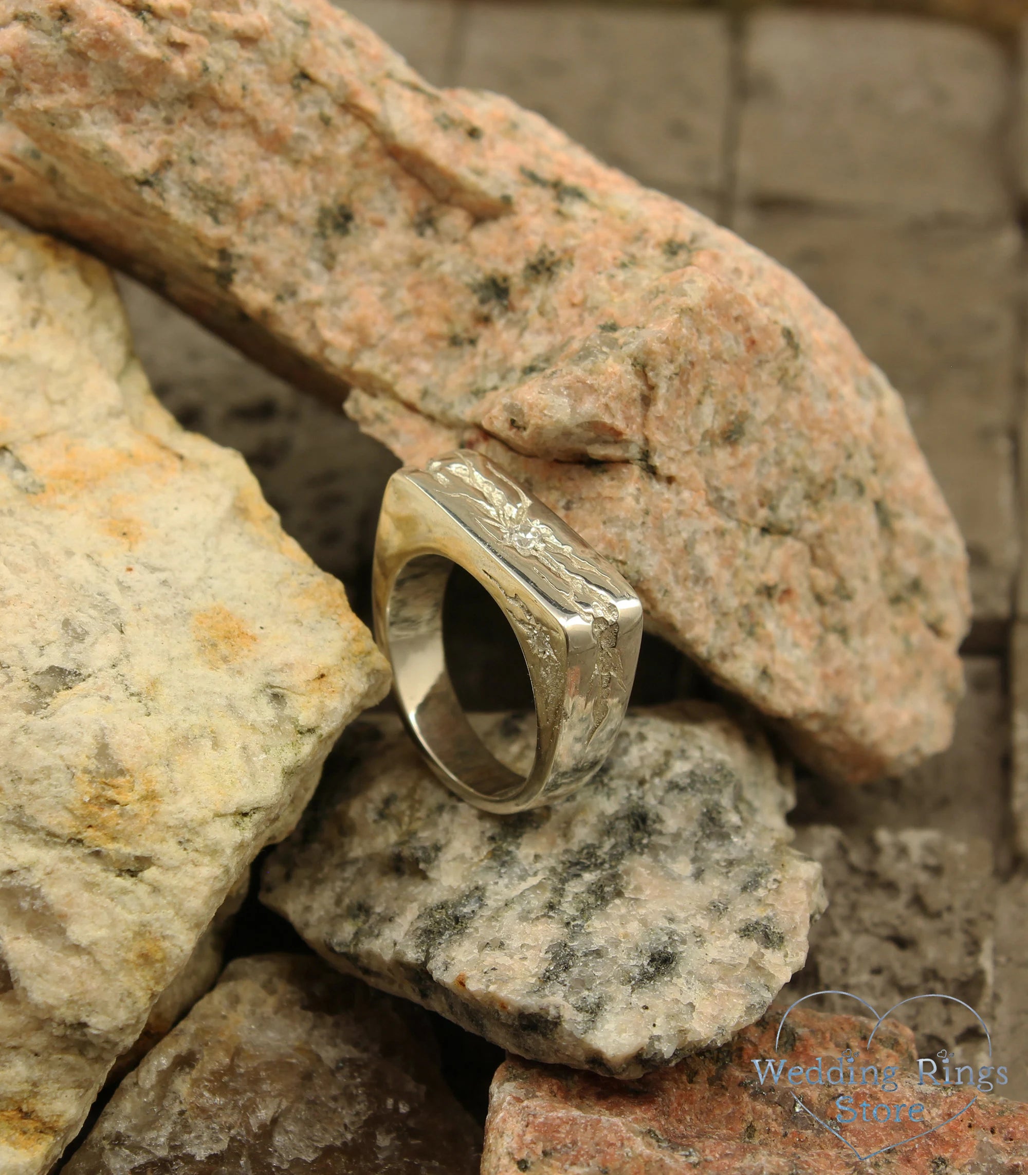 Heavy Flat Diamond Signet Ring with Silver Cracked texture