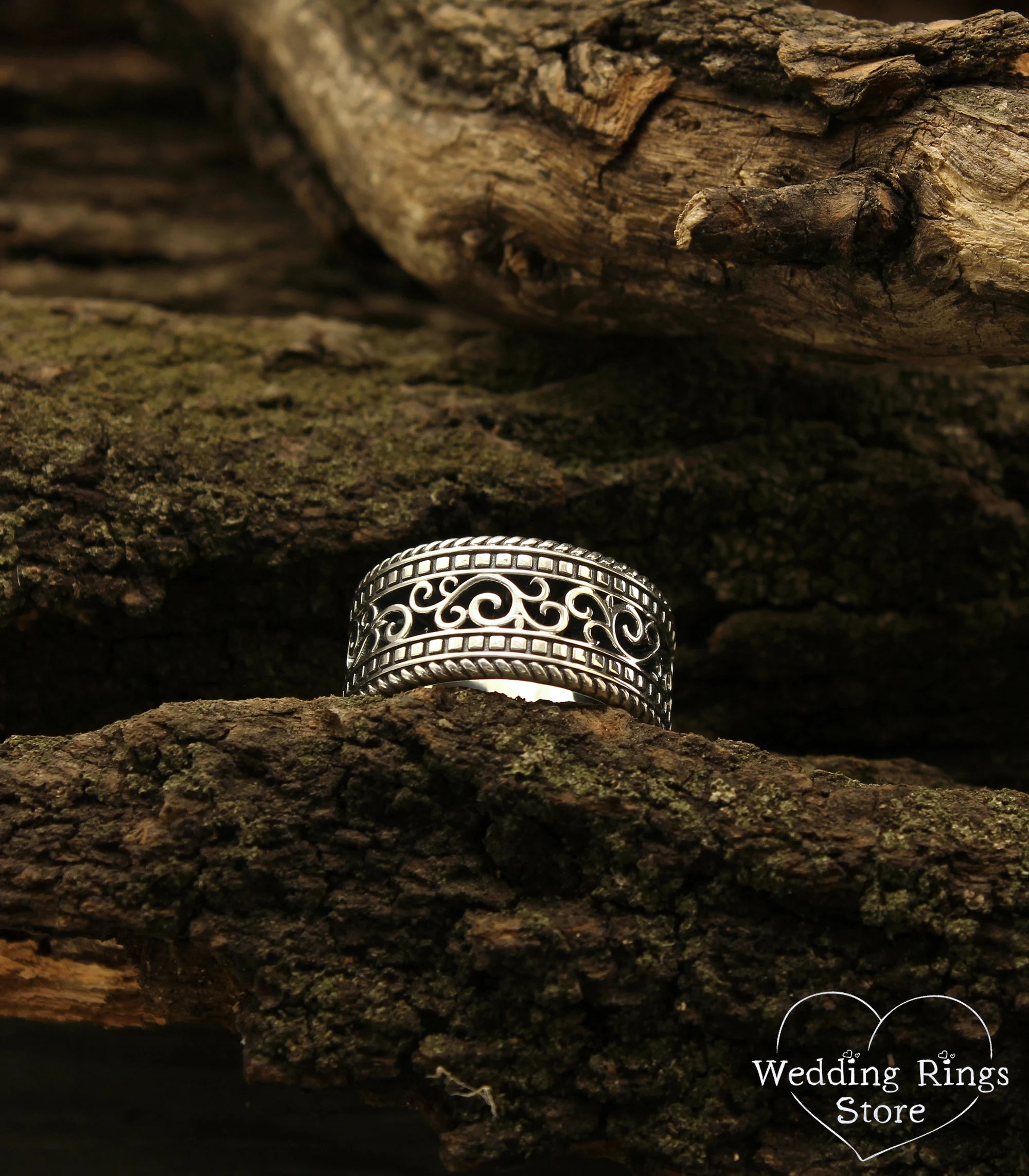 Antique finish Massive Silver Wedding Band with Filigree and Vine