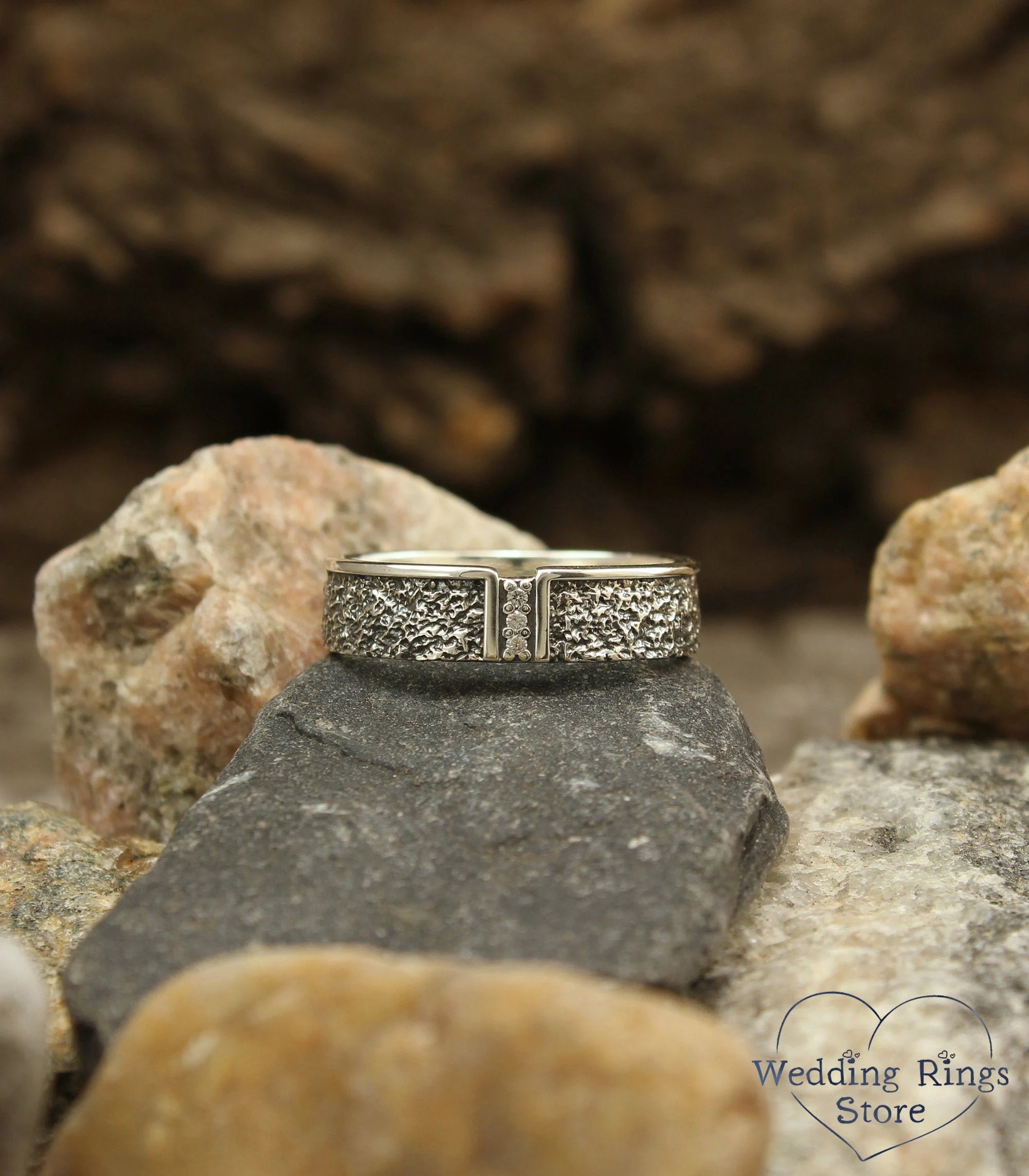 Modern Silver Hammered Diamond Wedding Band