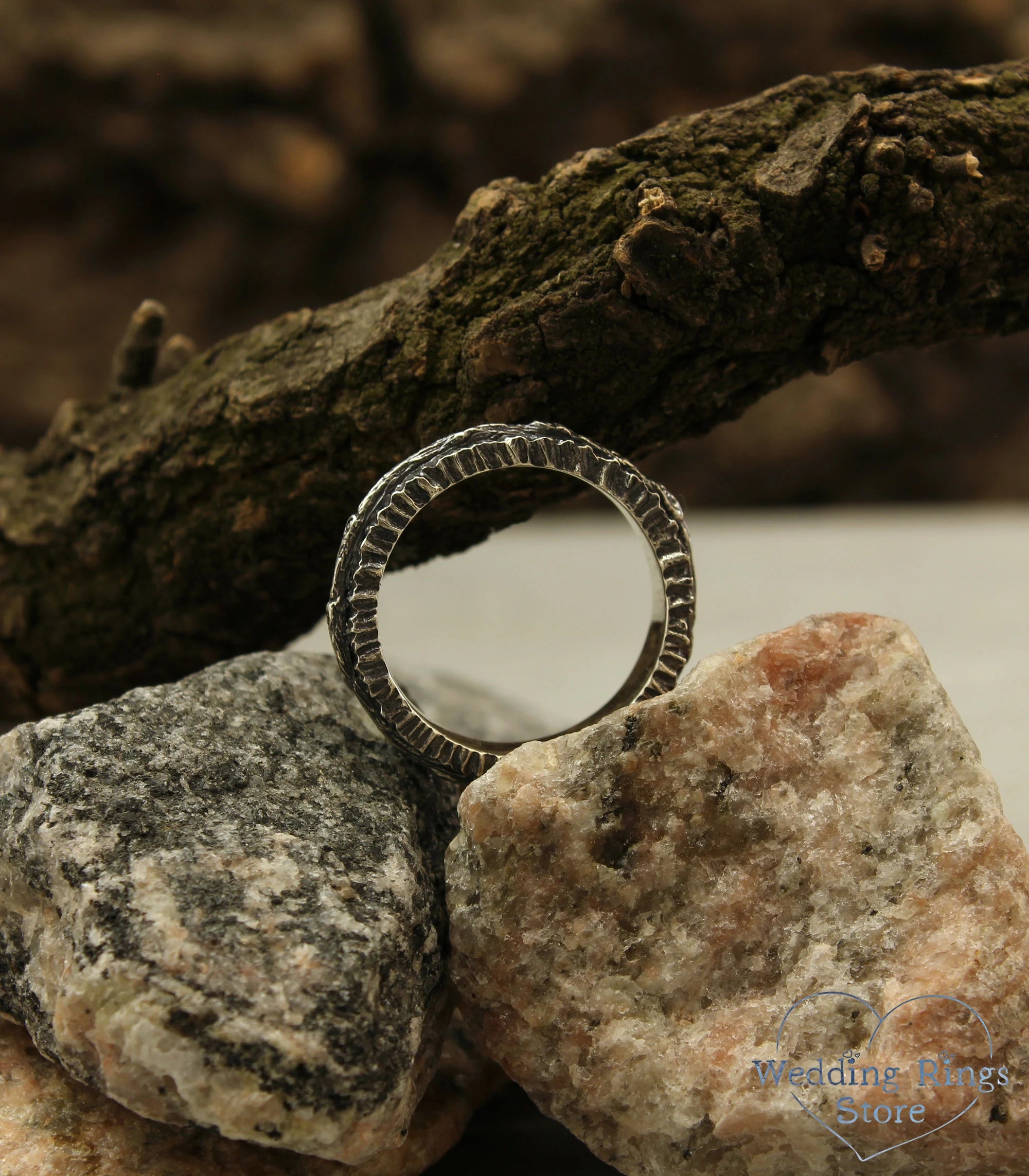 Sterling Silver Woodbark Rustic Style Wedding Band