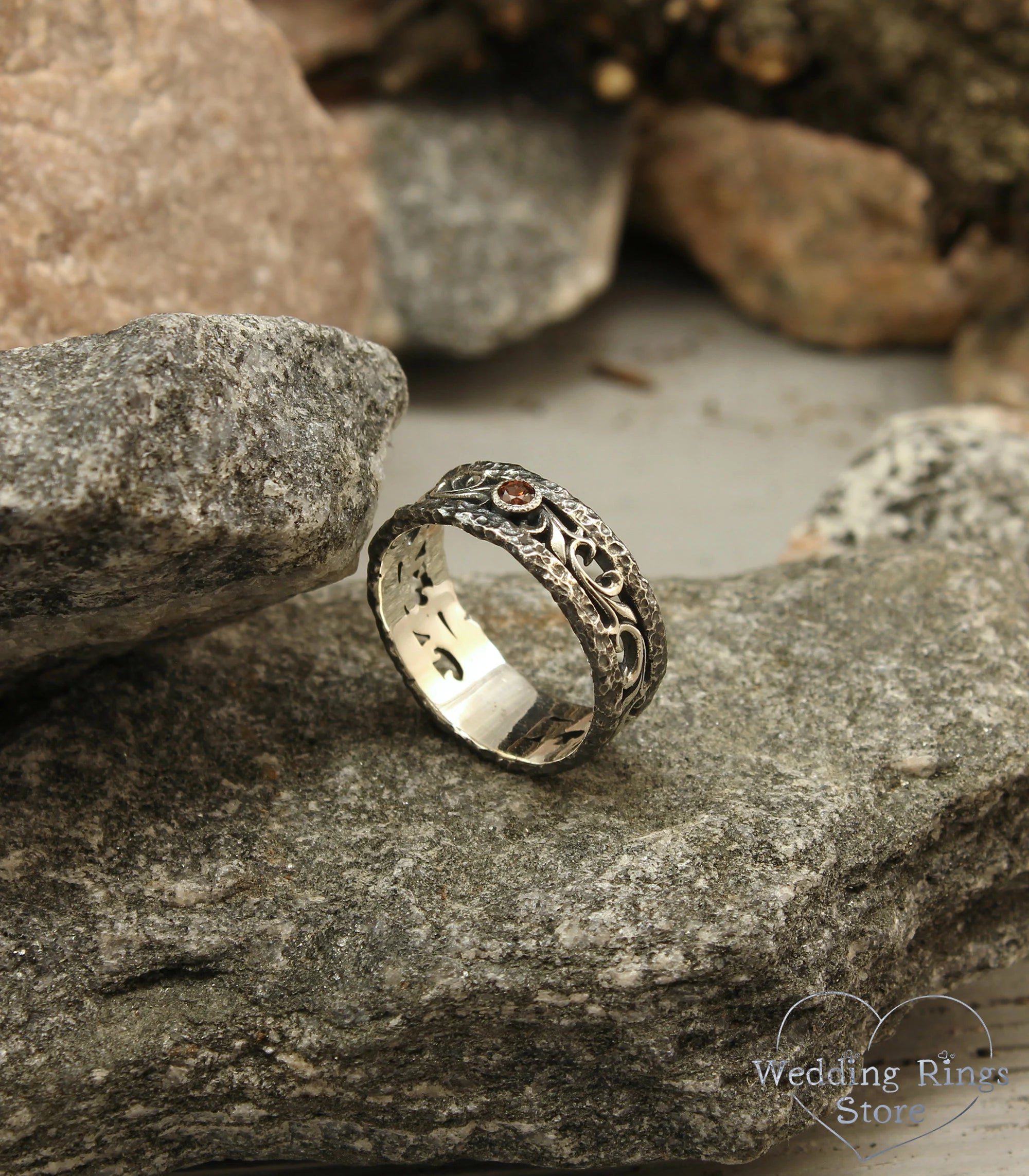 Garnet & Silver Rock and Vine Wedding Ring with Antique finish