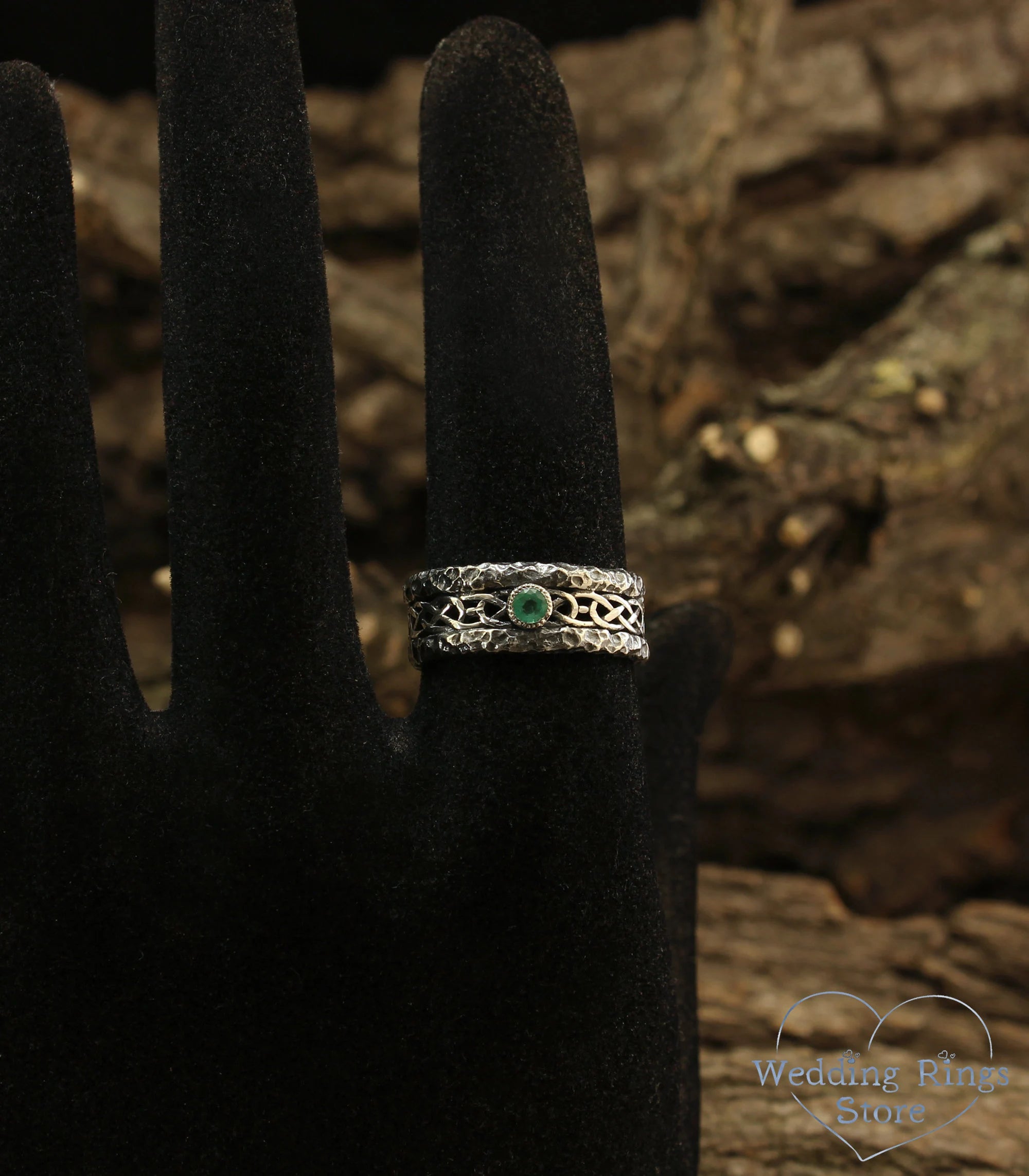 Hammered Antique Style Silver Celtic Wedding Band with Emerald