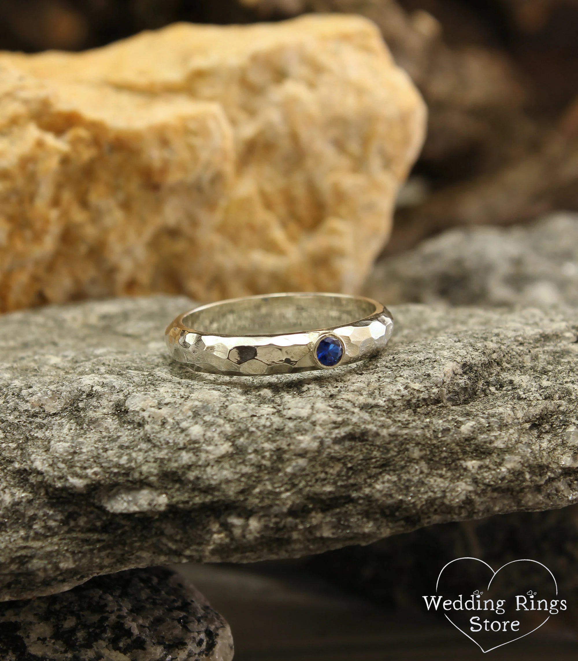 Sapphire & Silver Durable Hammered Engagement Ring Unisex