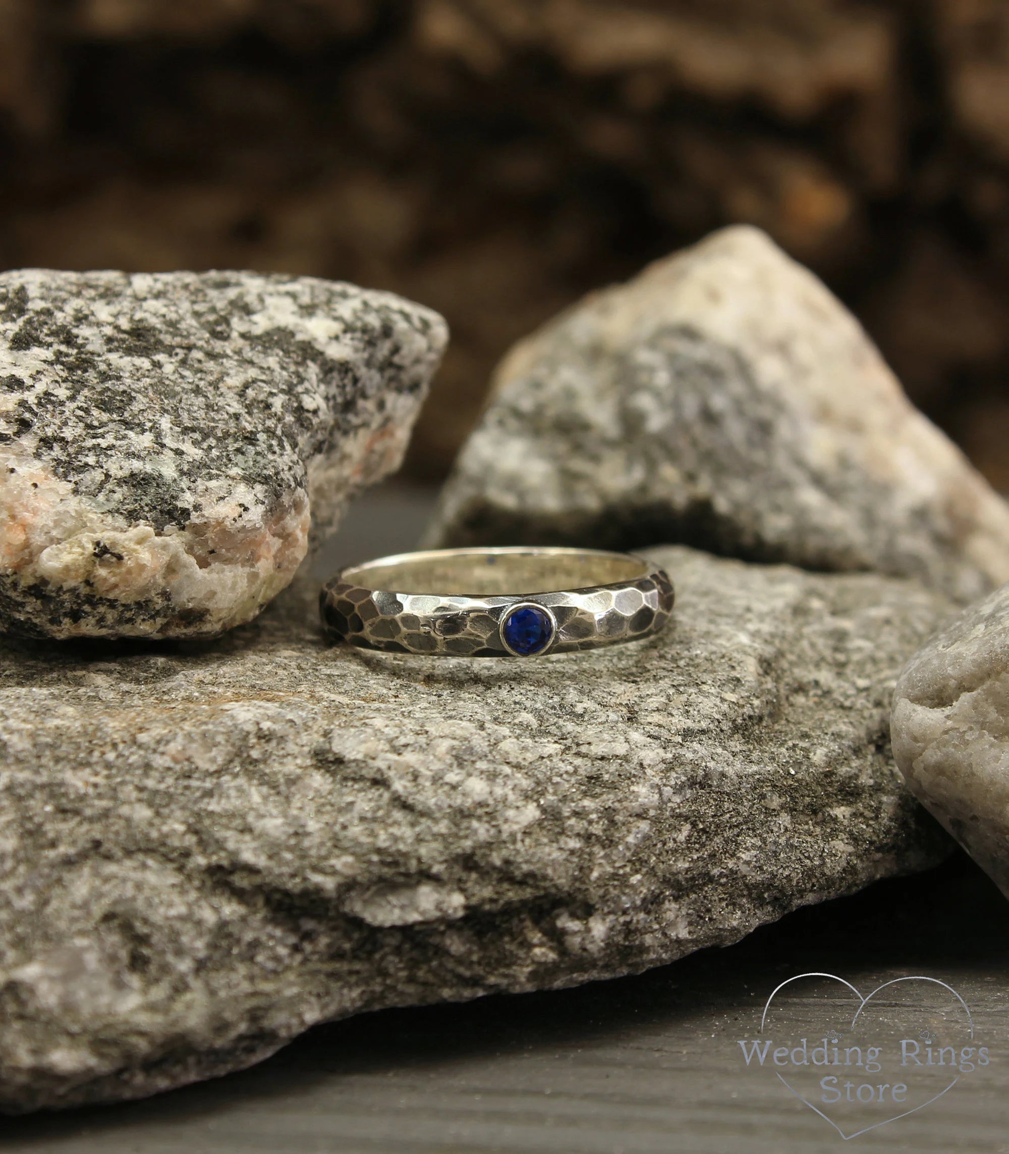 Sapphire & Silver Durable Hammered Engagement Ring Unisex