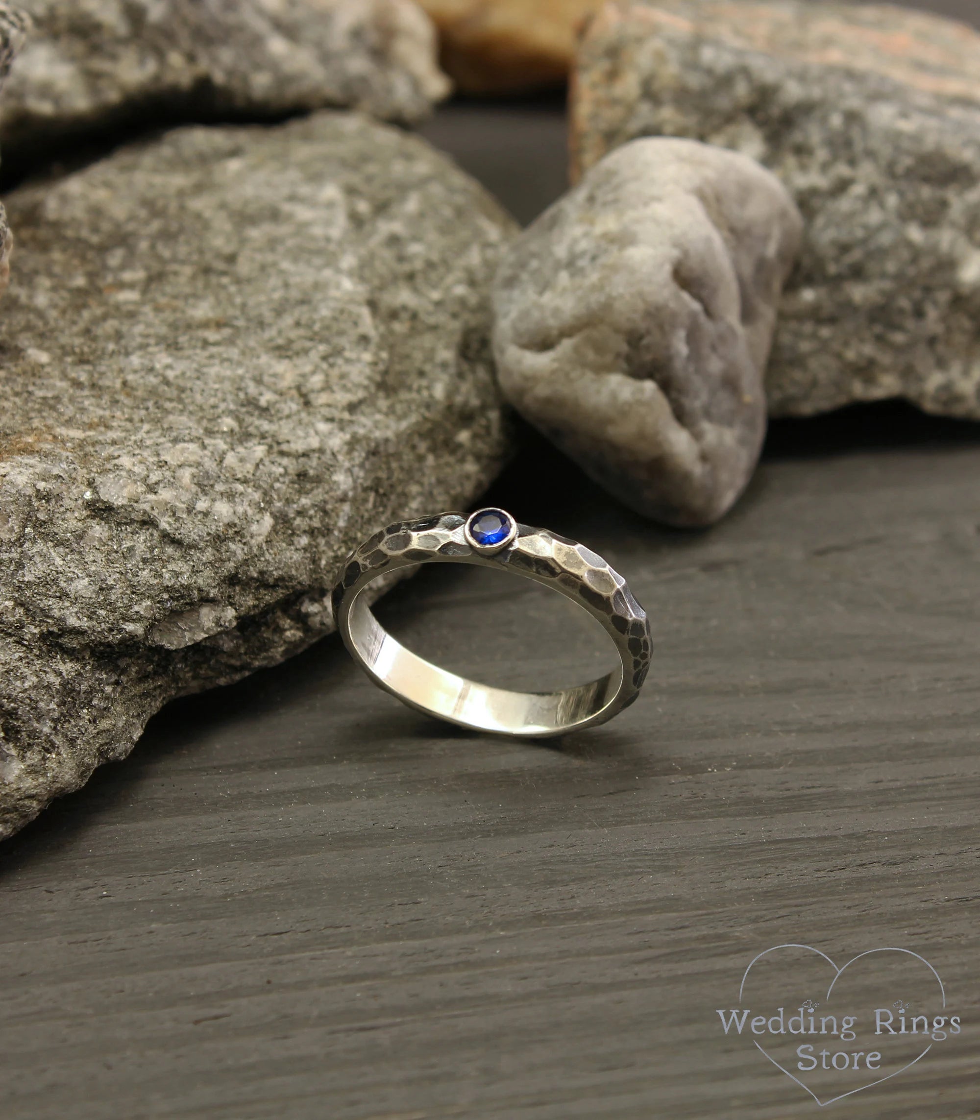 Sapphire & Silver Durable Hammered Engagement Ring Unisex